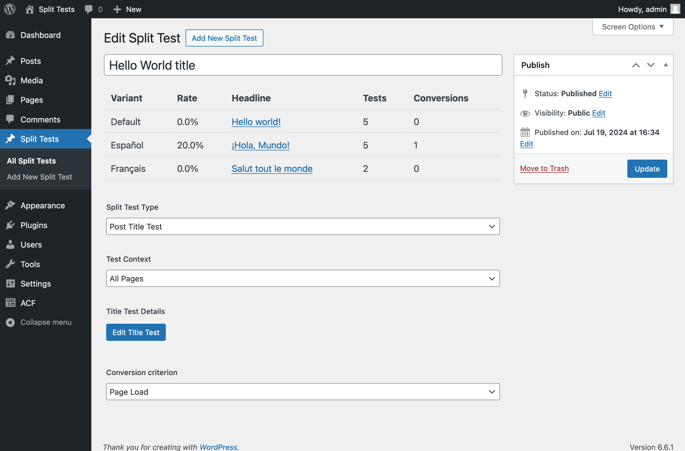Split Test post editor