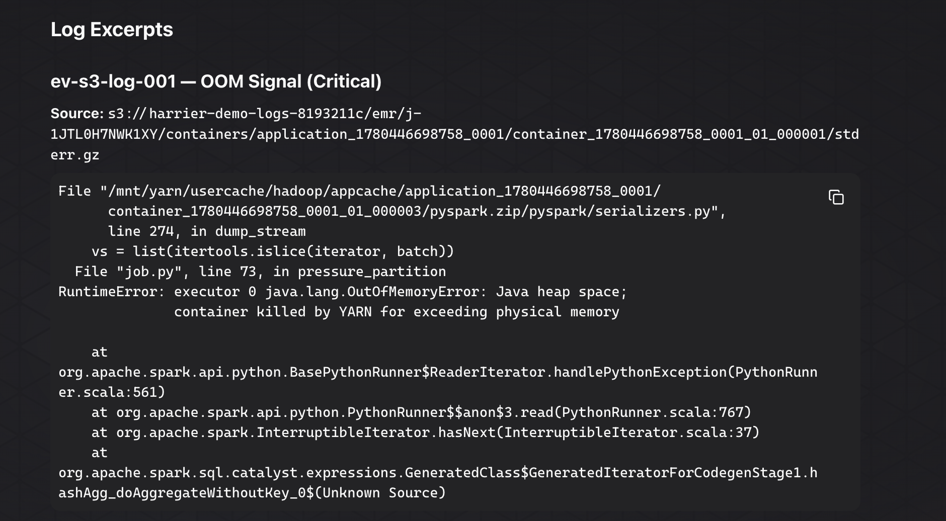 Harrier production log excerpt showing executor OutOfMemoryError stack trace