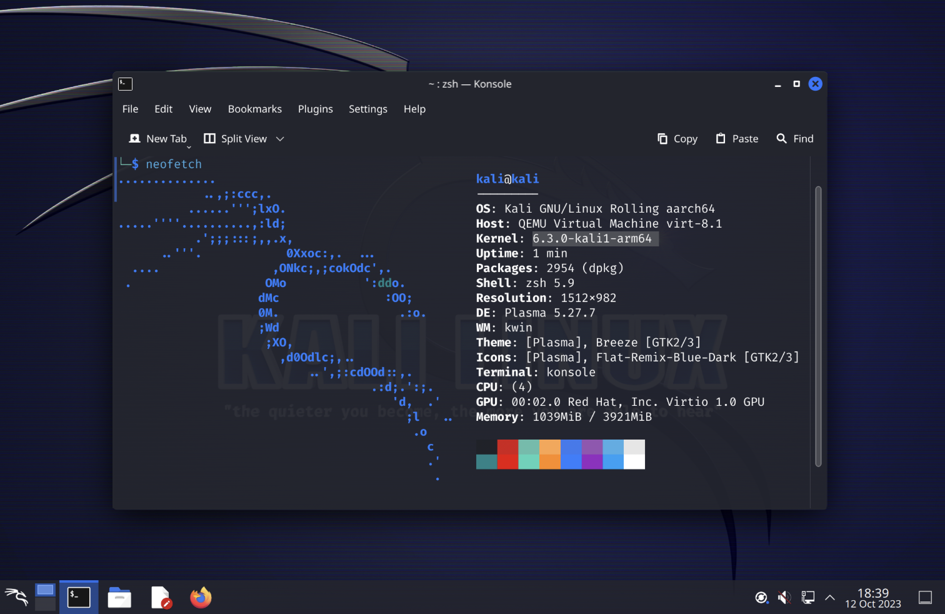 Kali Qemu on Apple Silicon Neofetch