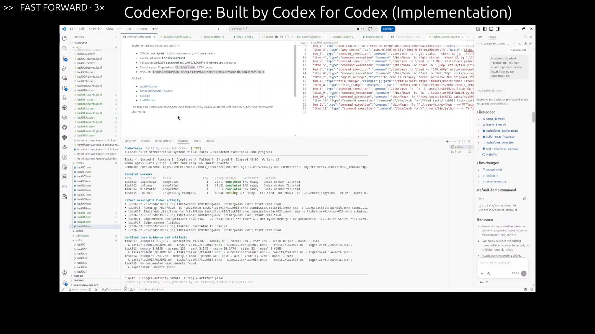 The live CodexForge dashboard showing tasks 012 through 014 completed while task 015 continues running