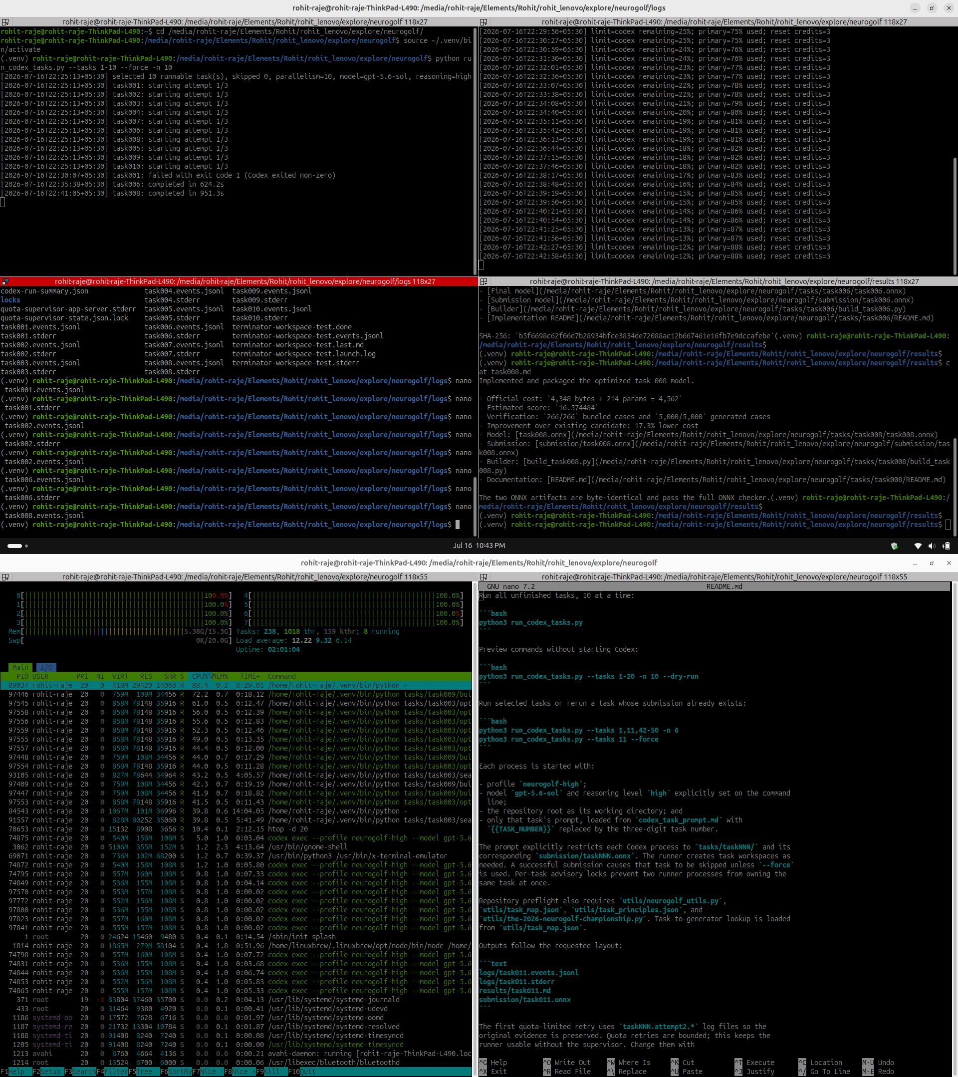 Legacy mode with ten parallel Codex workers and a separate quota-monitor terminal
