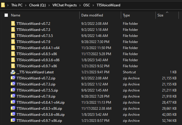 screenshot of windows explorer showing multiple versions of TTS Voice Wizard downloaded
