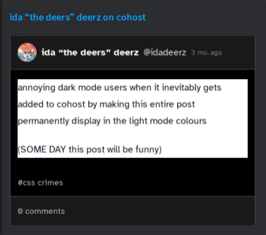 a discord embed, but now the post is represented by a screenshot. the joke's much clearer: the post is in dark mode, but the text is black-on-white.