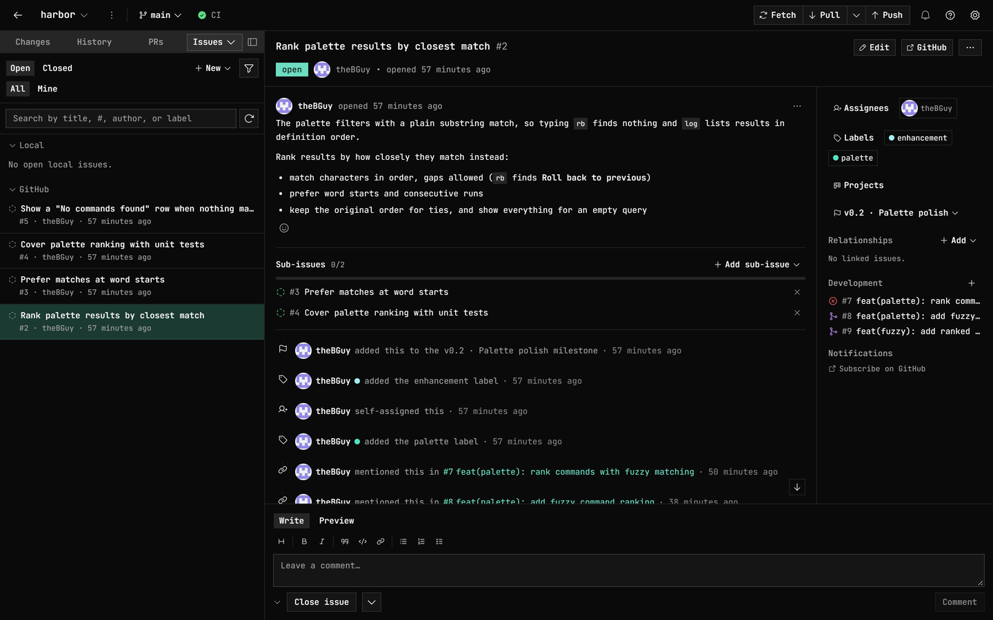 A GitHub issue open in GitDesktop with its description, two sub-issues, an assignee, labels, a milestone, and three linked pull requests under Development; the issue list beside it groups issues into Local and GitHub sections.