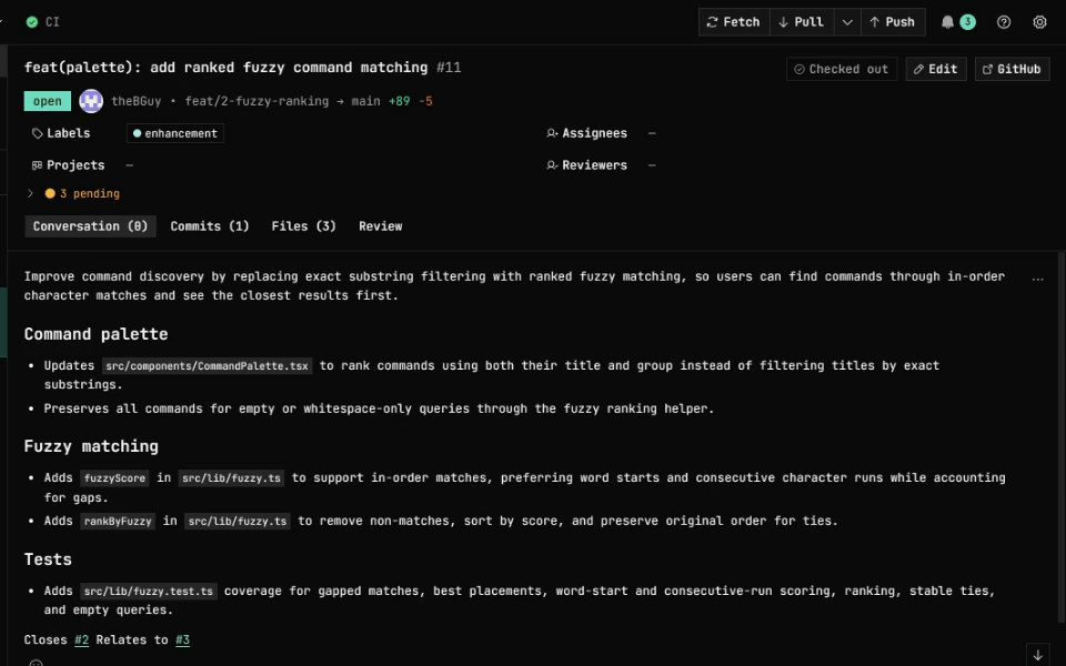 A pull request's checks in GitDesktop: the Lint job's steps tick off live until all three checks pass