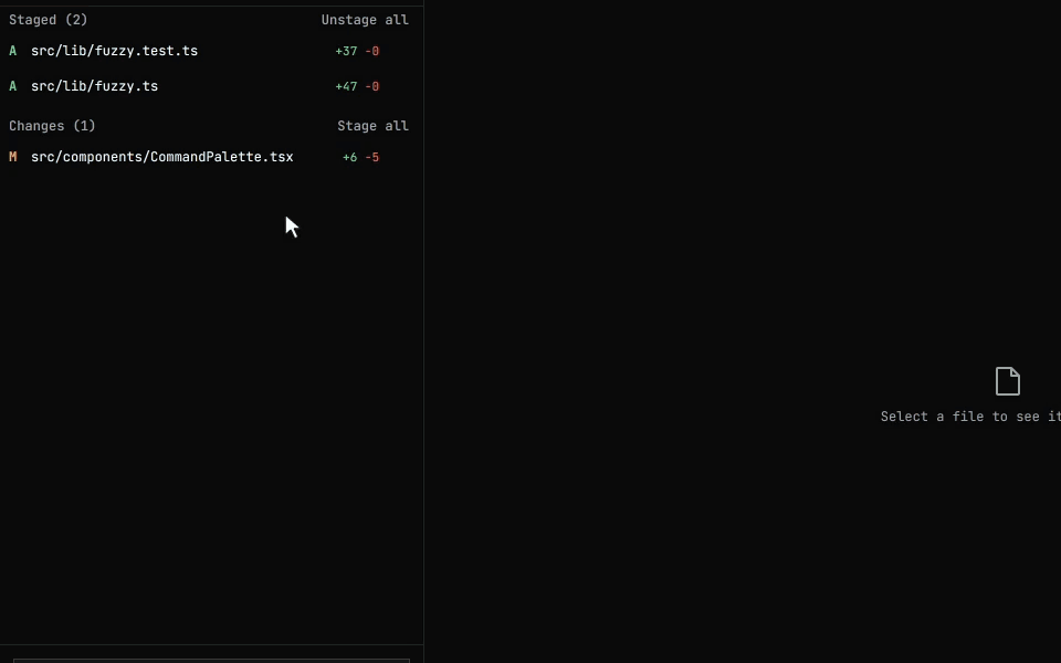 Dragging across lines in two hunks of a diff and staging just those lines with a keyboard shortcut, while a debug console.log line stays unstaged
