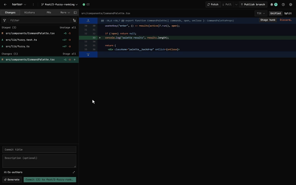 GitDesktop committing three staged files with an AI-written message, publishing the branch, opening a pull request with an AI-drafted title and description, watching its three checks pass, and squash-merging it with the remote branch deleted