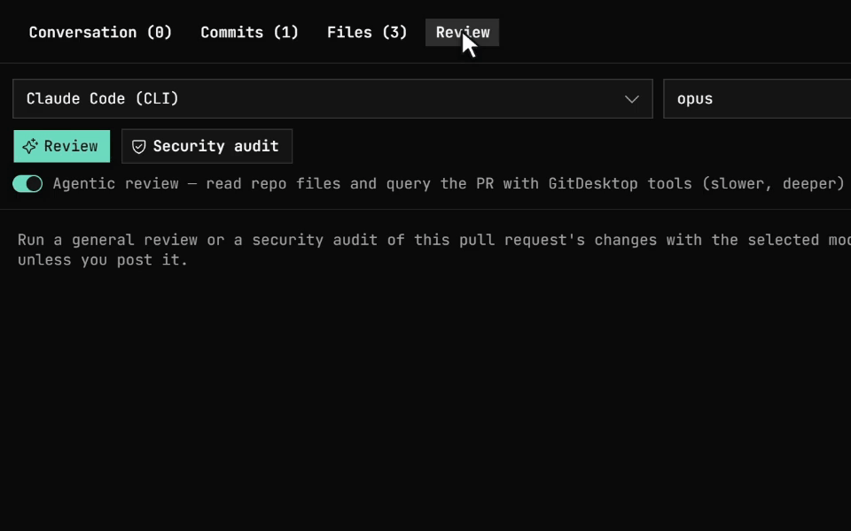 An agentic AI review in GitDesktop: it reads files across the repository, then reports that nothing blocks the merge and suggests a stronger test