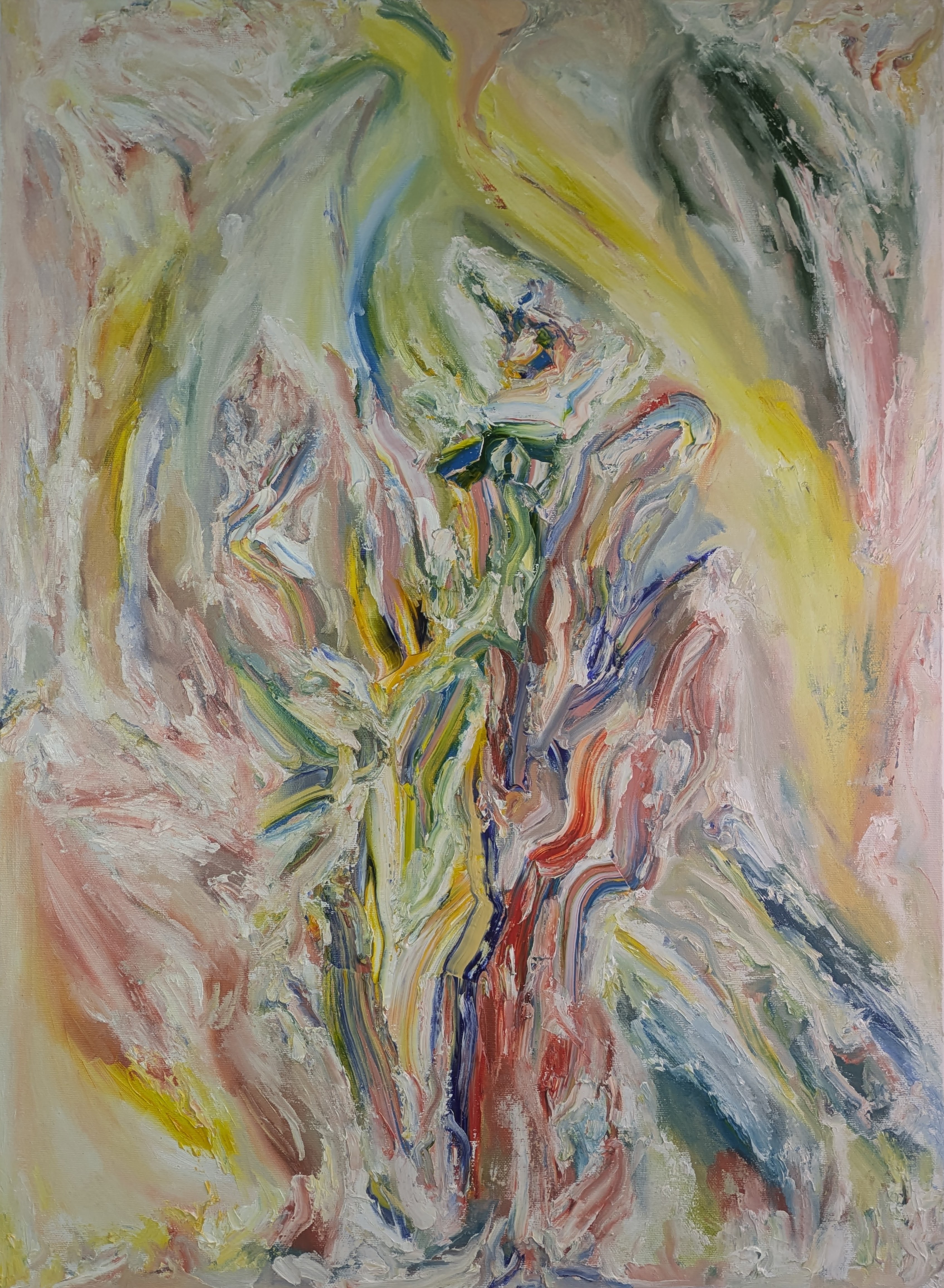 Piece No. IX Curling Up in a Cocoon of Positivity, Subrealist oil painting of a chrysalis of vibrant pigments in protective impasto.