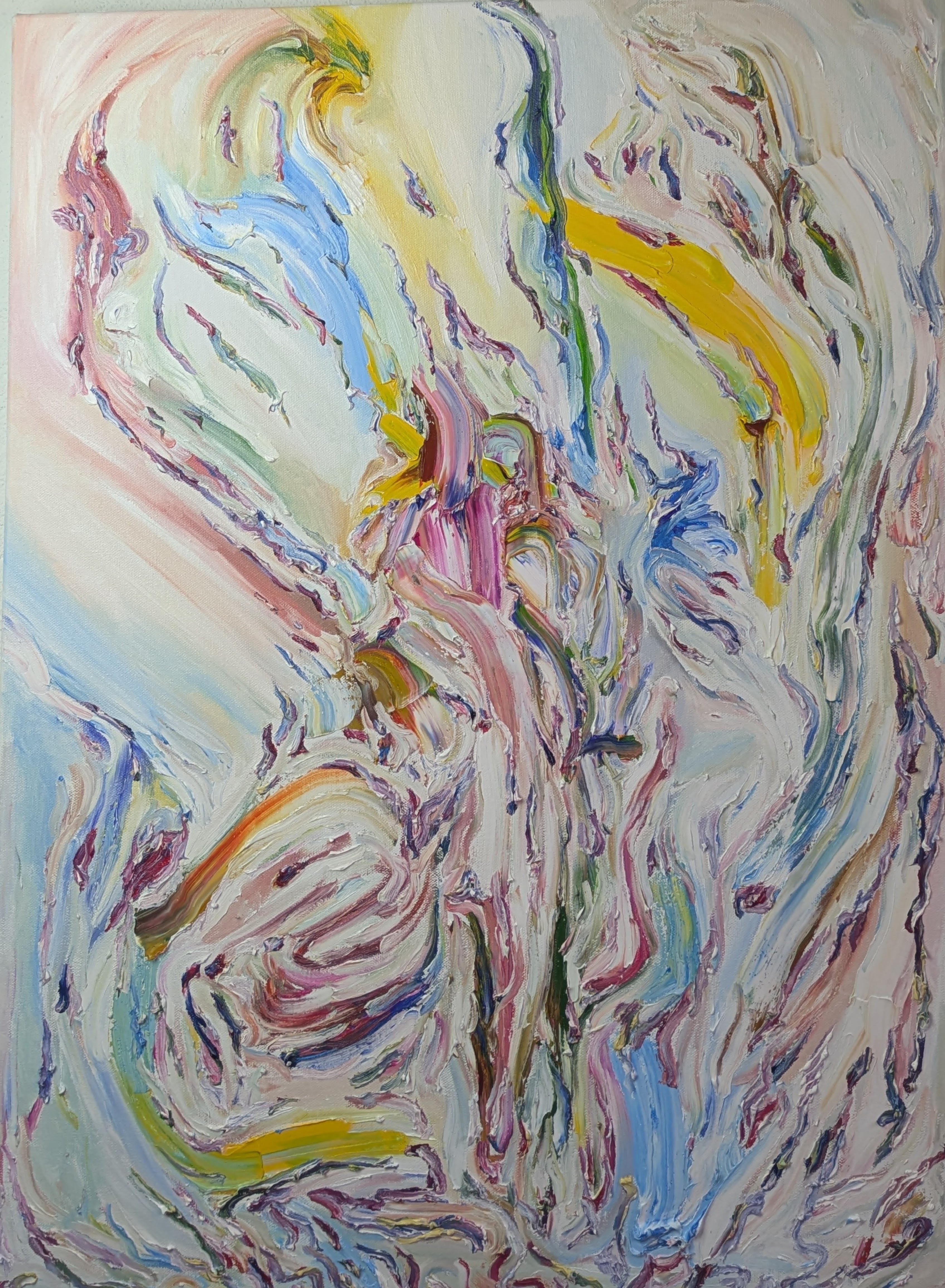 Piece No. V Nevermind Flower, Subrealist oil painting with solar yellows and aerial blues, the figural emerging in thick impasto.