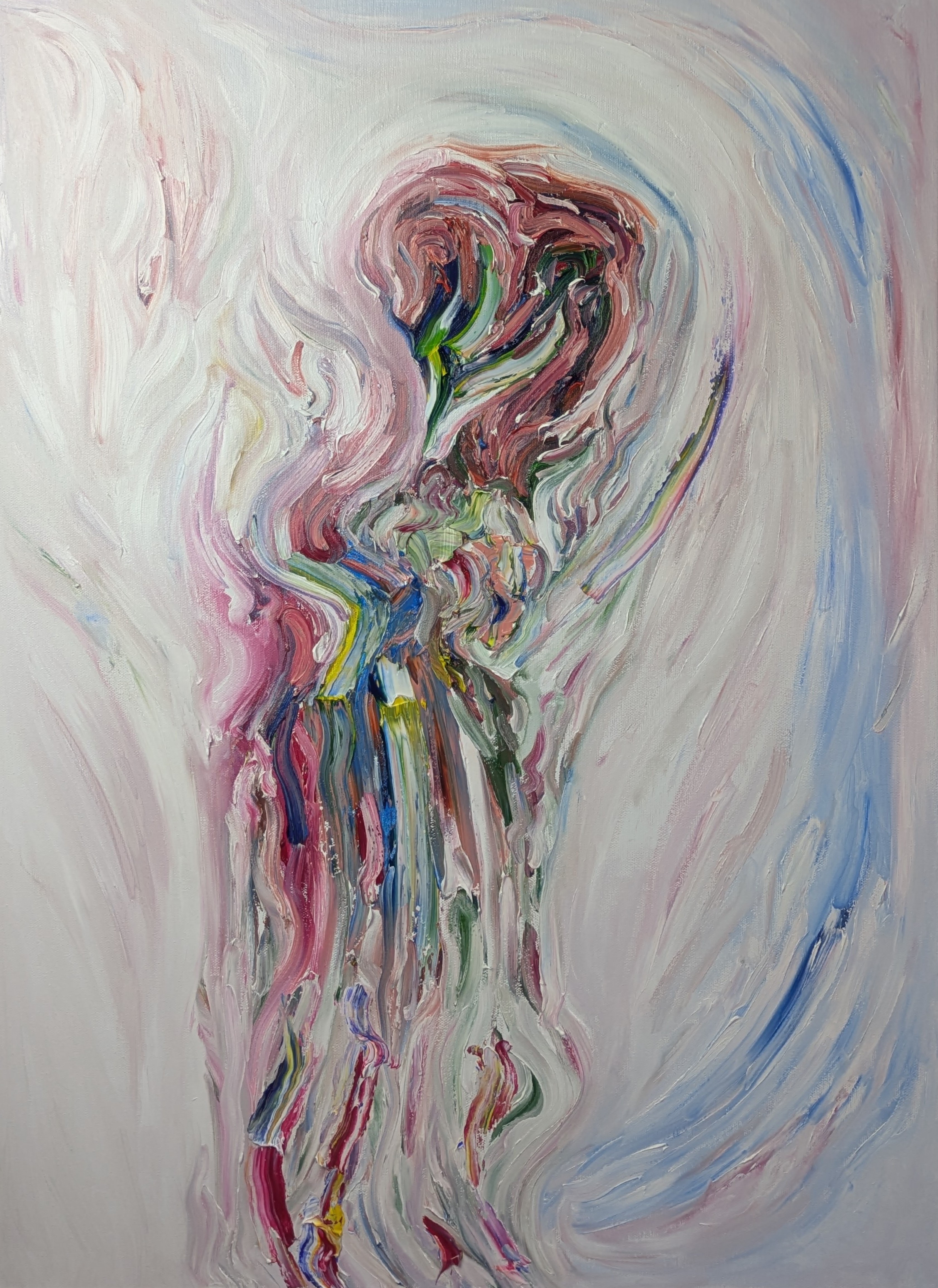 Piece No. VI Calling for the Spirit, Subrealist oil painting with a cerulean halo and a point of condensation in heavy impasto.