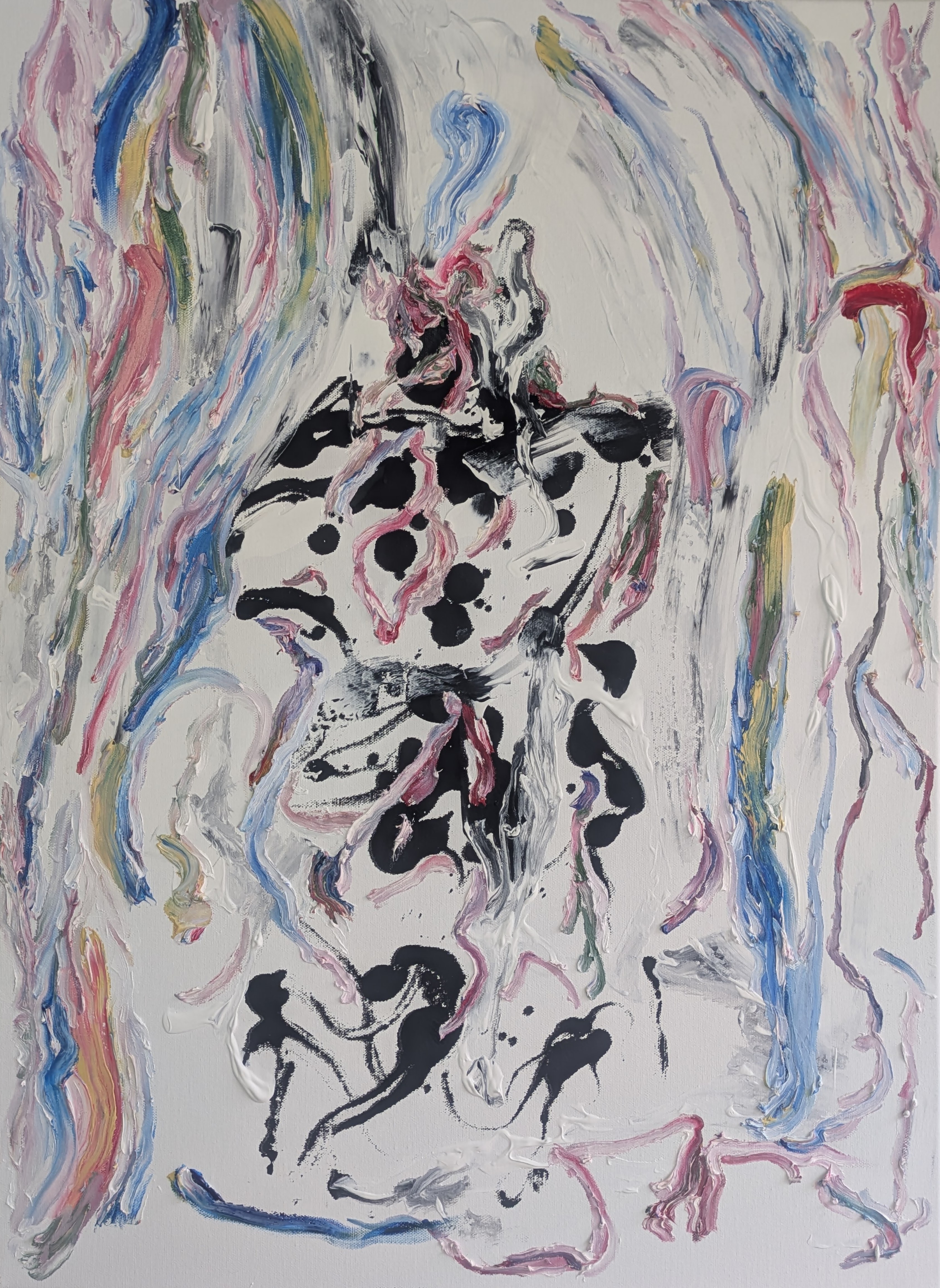 Piece No. VII Le Souffle, The Breath, mixed media Subrealist painting with organic black calligraphic marks over pastel impasto.