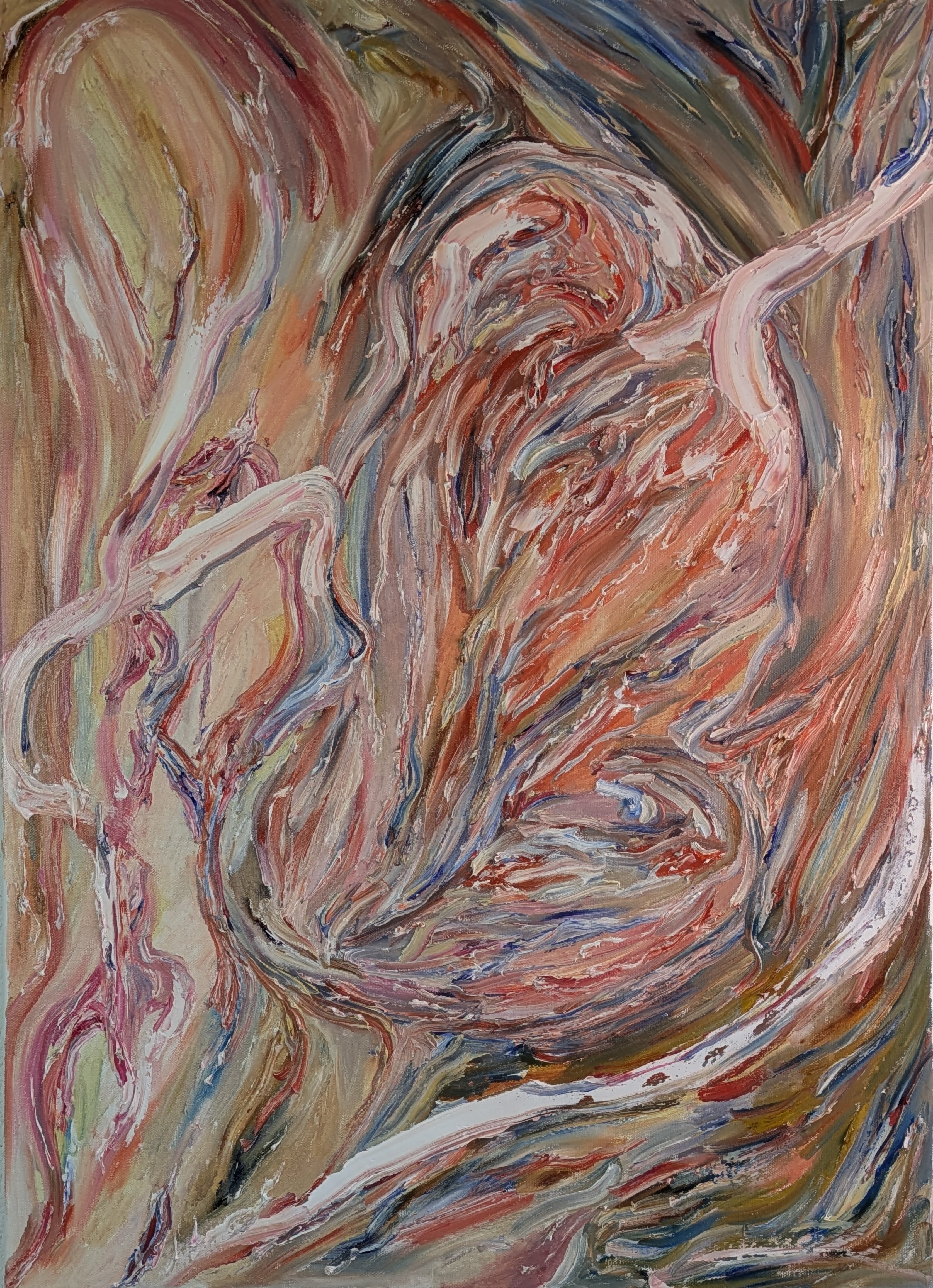 Piece No. VIII My Soul Destroys the Darkness, Subrealist oil painting with a pulsating core of flesh tones cleaving dark backgrounds in impasto.