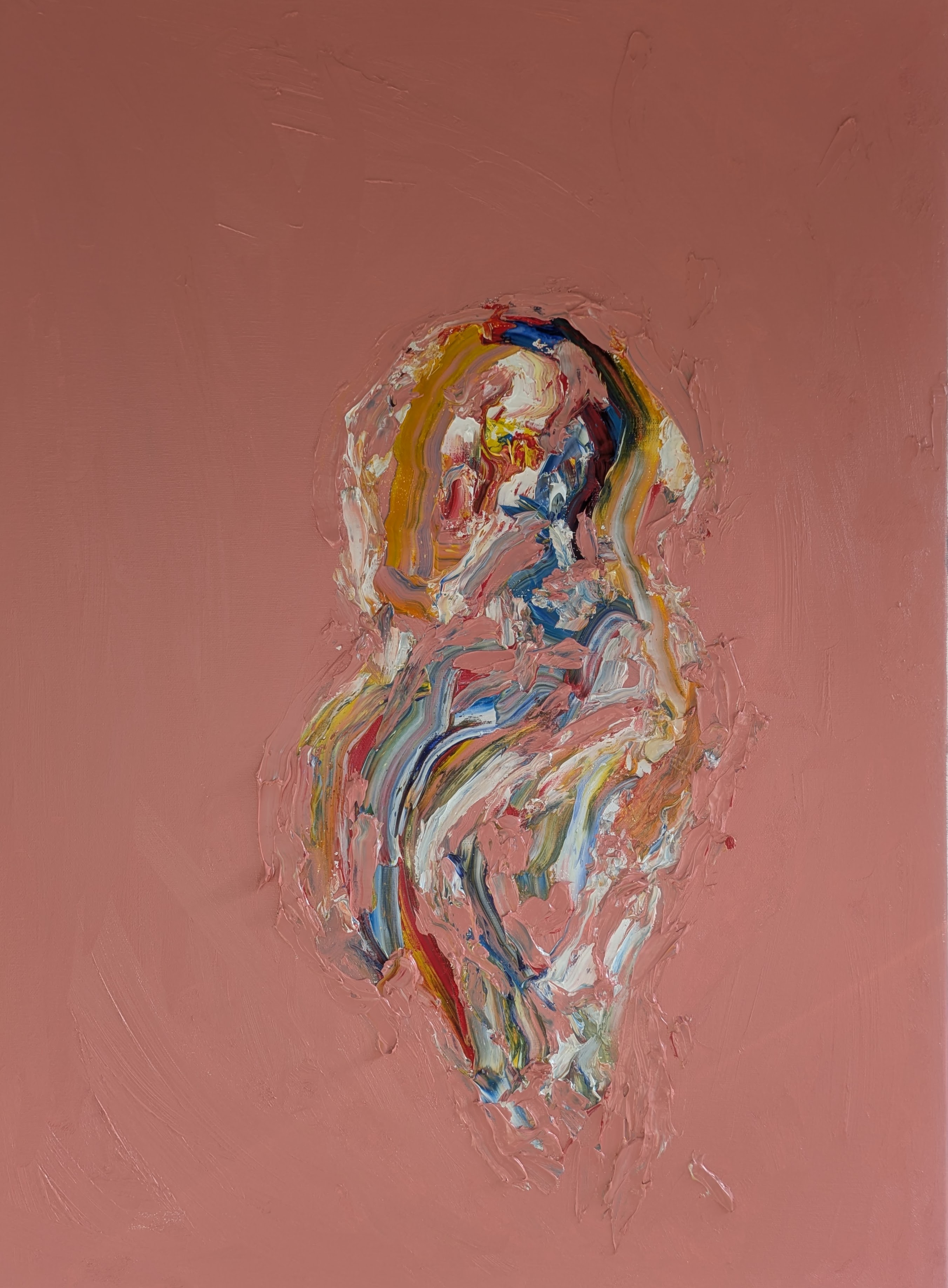 Piece No. X Isolated Haptic Genesis, Subrealist oil painting with a dense sculptural impasto island on a matte terracotta background.