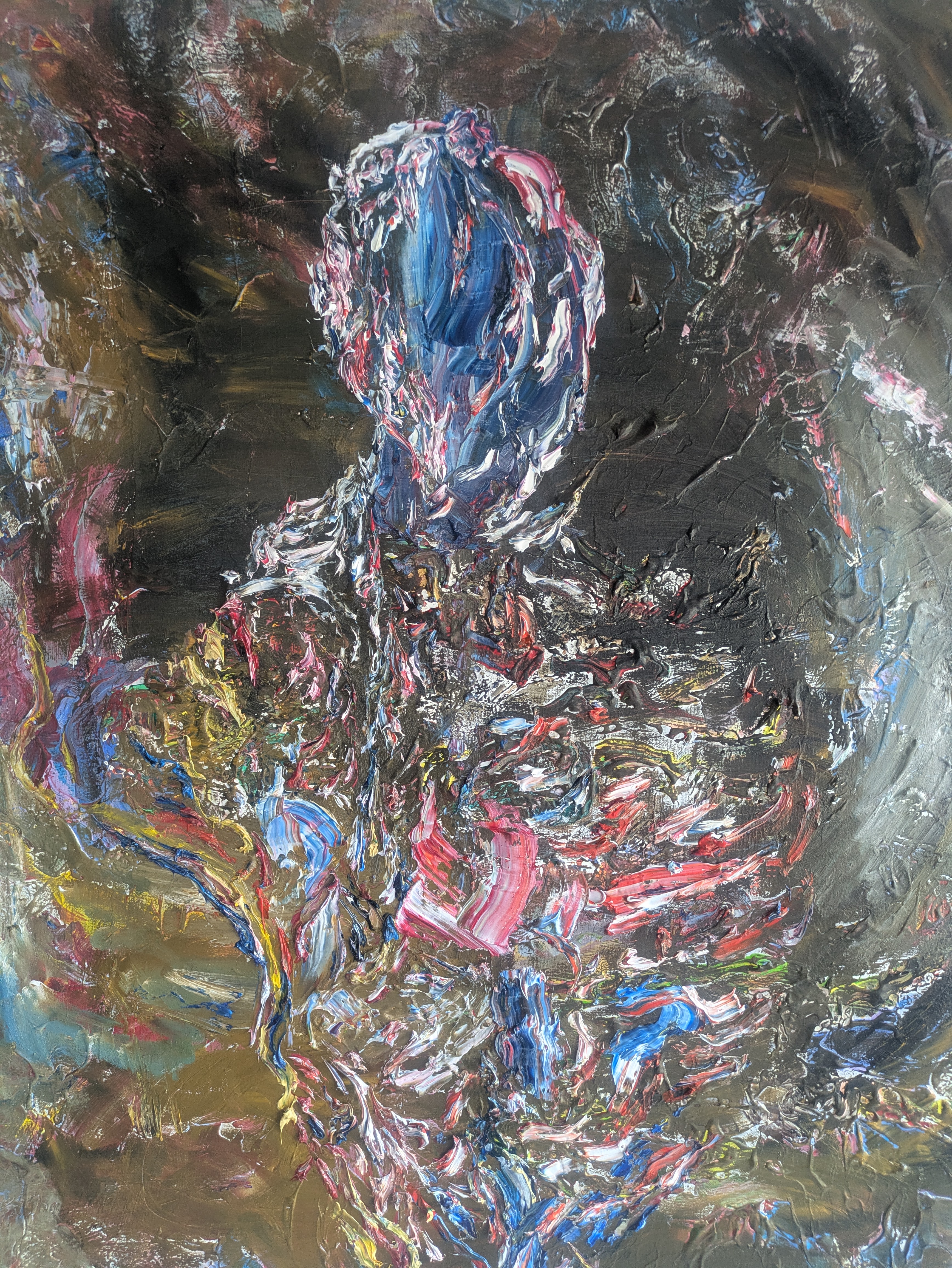 Piece No. III The Body in the City Where the Soul Lies Bare, mirror-like Subrealist oil painting with heavy impasto and exposed flesh tones.