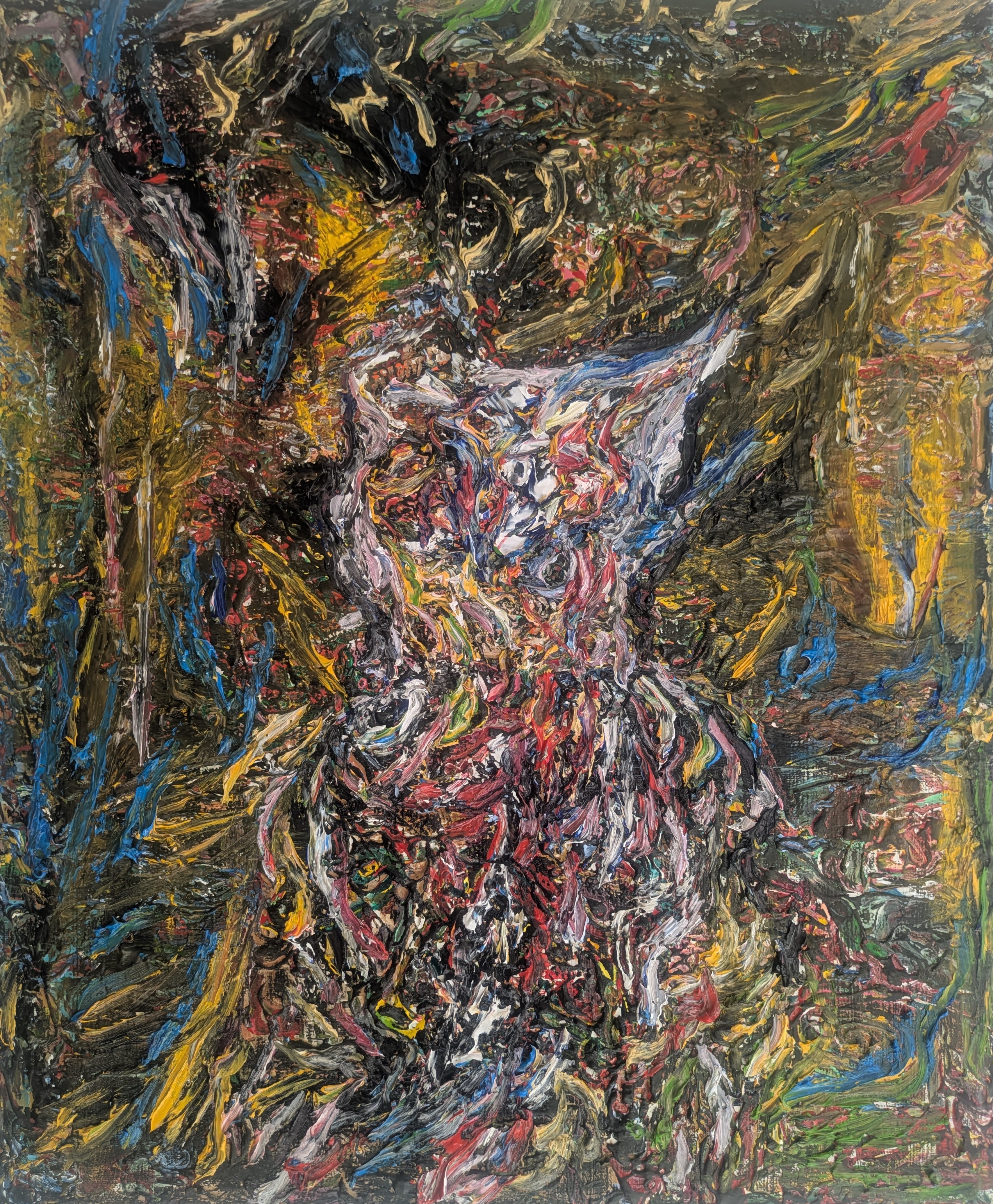 Piece No. II Duality, Subrealist oil painting of colliding energies in thick impasto, a haptic diagram of friction on canvas.