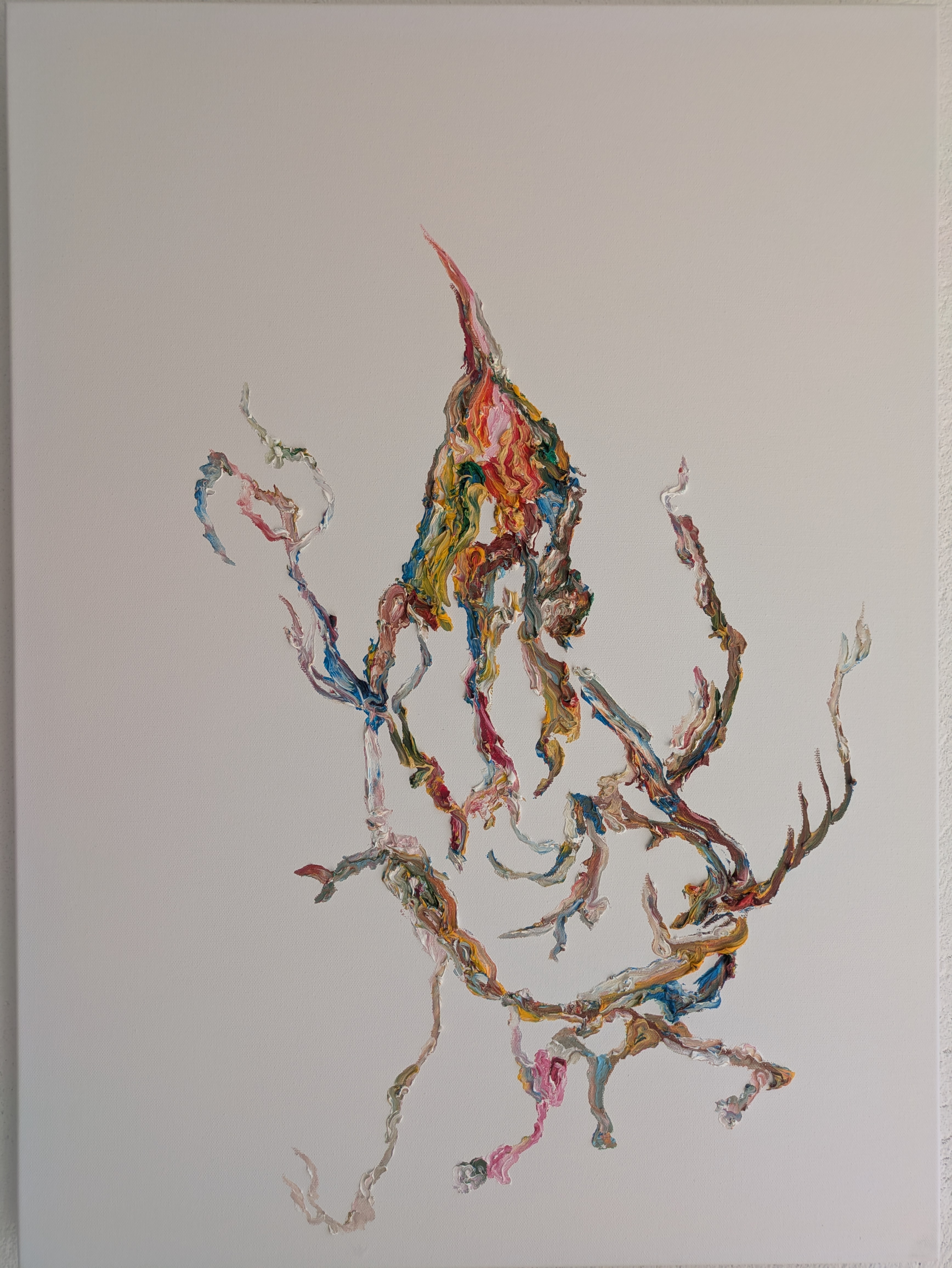 Subrealist oil painting portrait of Jerry Saltz with raised impasto, sinuous organic lines on white canvas, haptic texture and physical gesture.