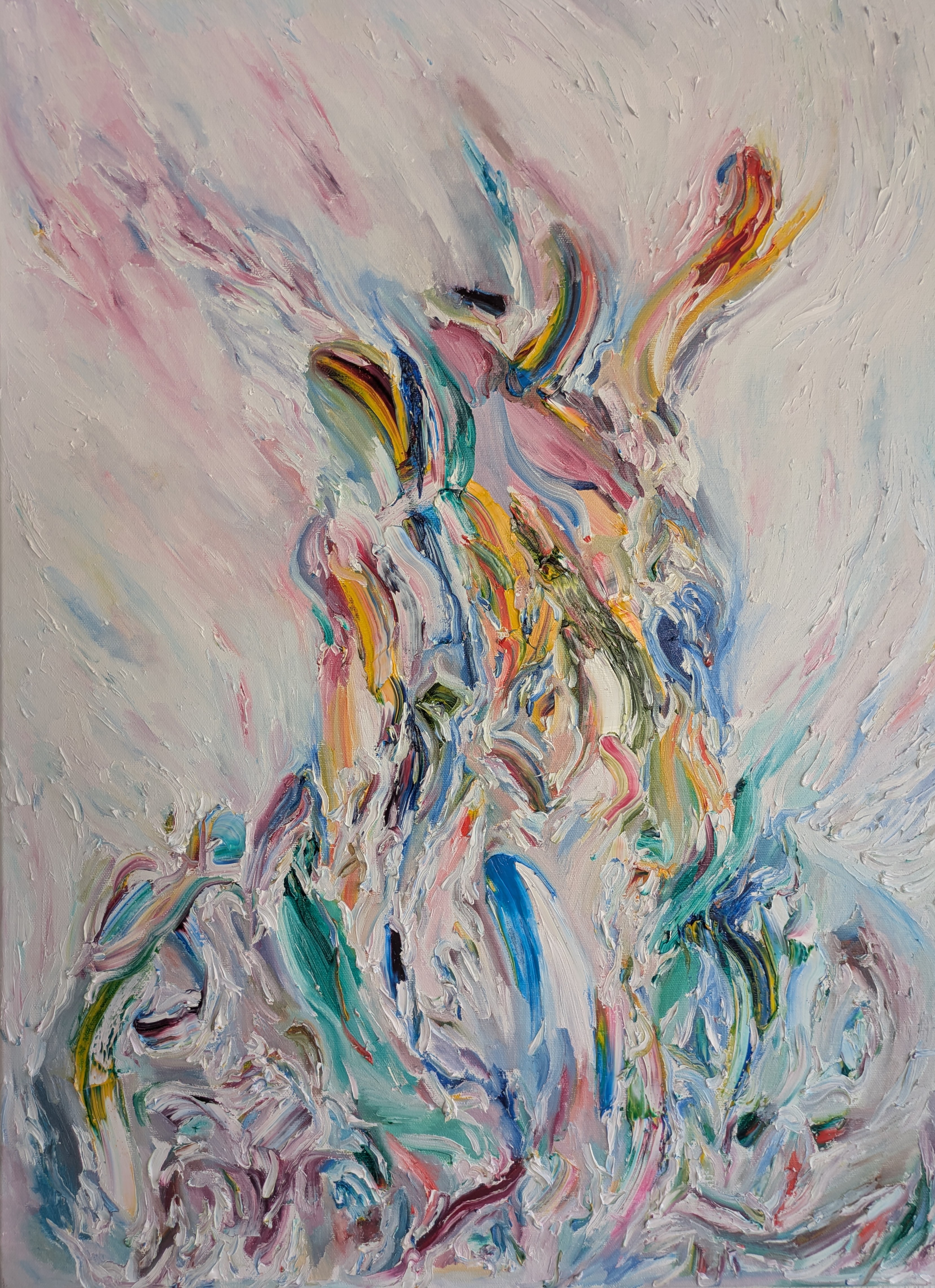 Abstract protean profile oil painting by Treeskulltown, flesh-toned pastel swirls, heavy knife impasto, haptic Subrealist canvas.