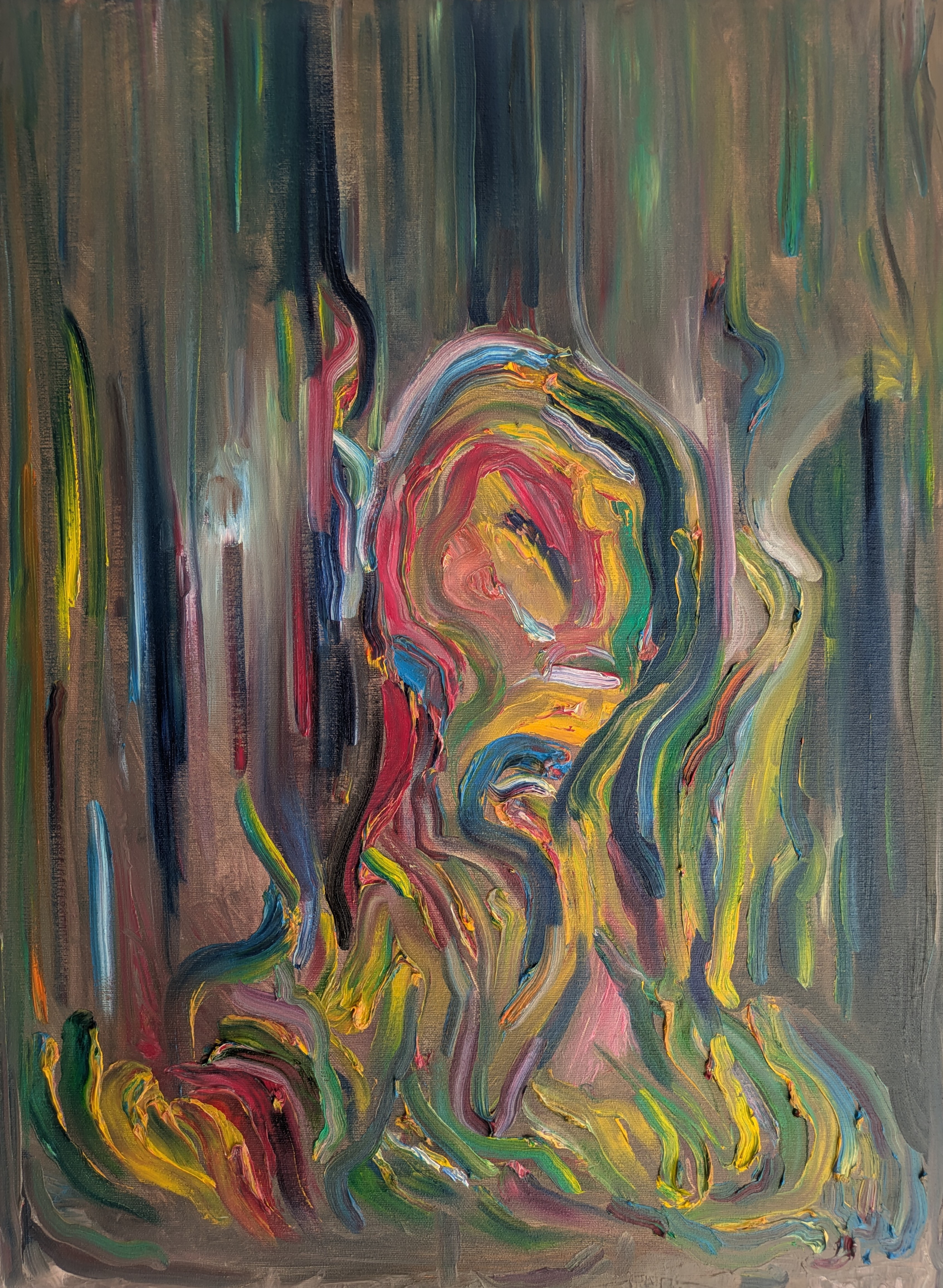 Piece No. I Doubt, Subrealist oil painting of raw impasto matter before figuration, haptic genesis on cotton canvas.