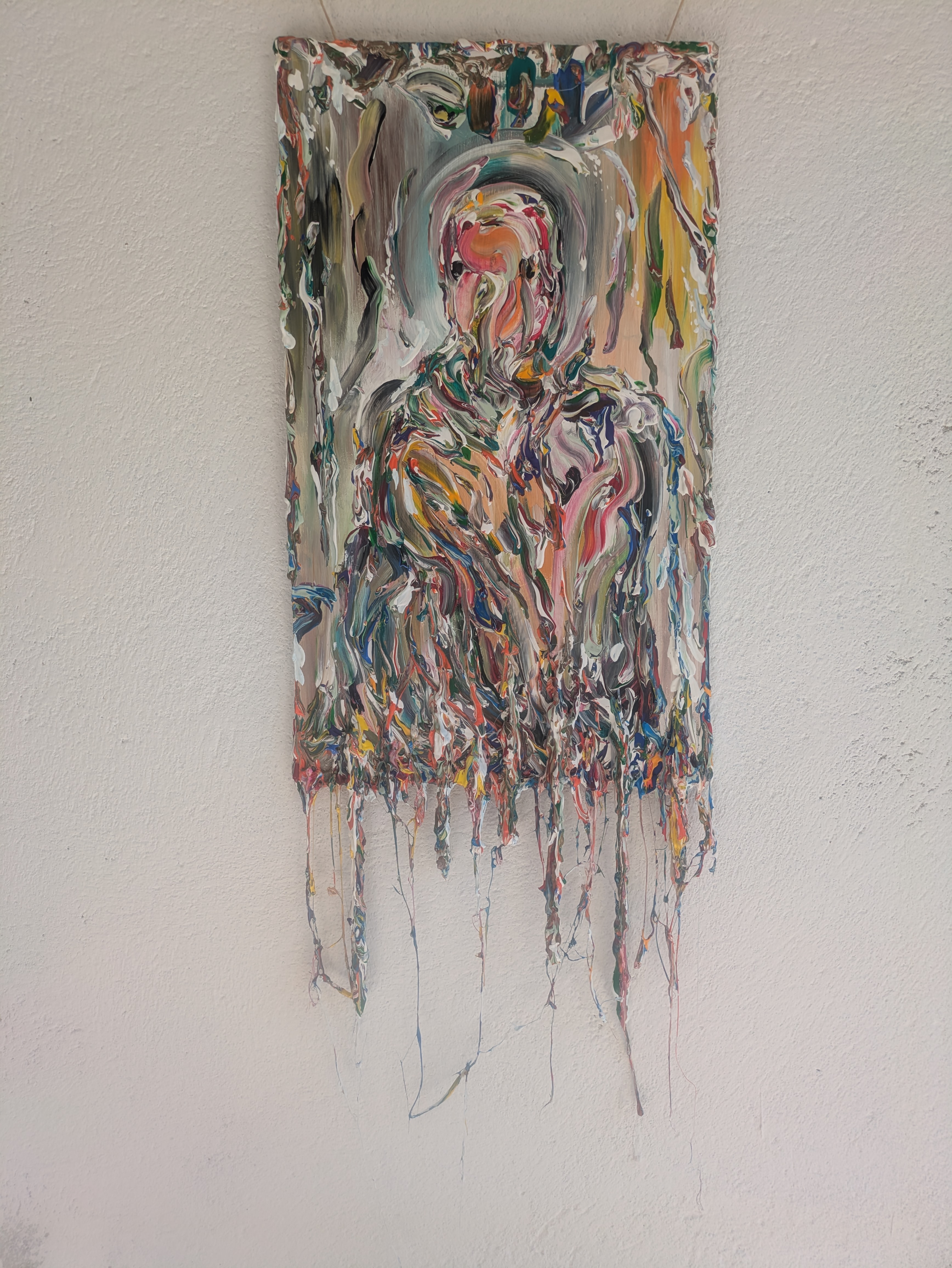 Subrealist self-portrait oil painting with heavy impasto, organic drips extending beyond the canvas frame, textured flesh tones and raw psychic matter.