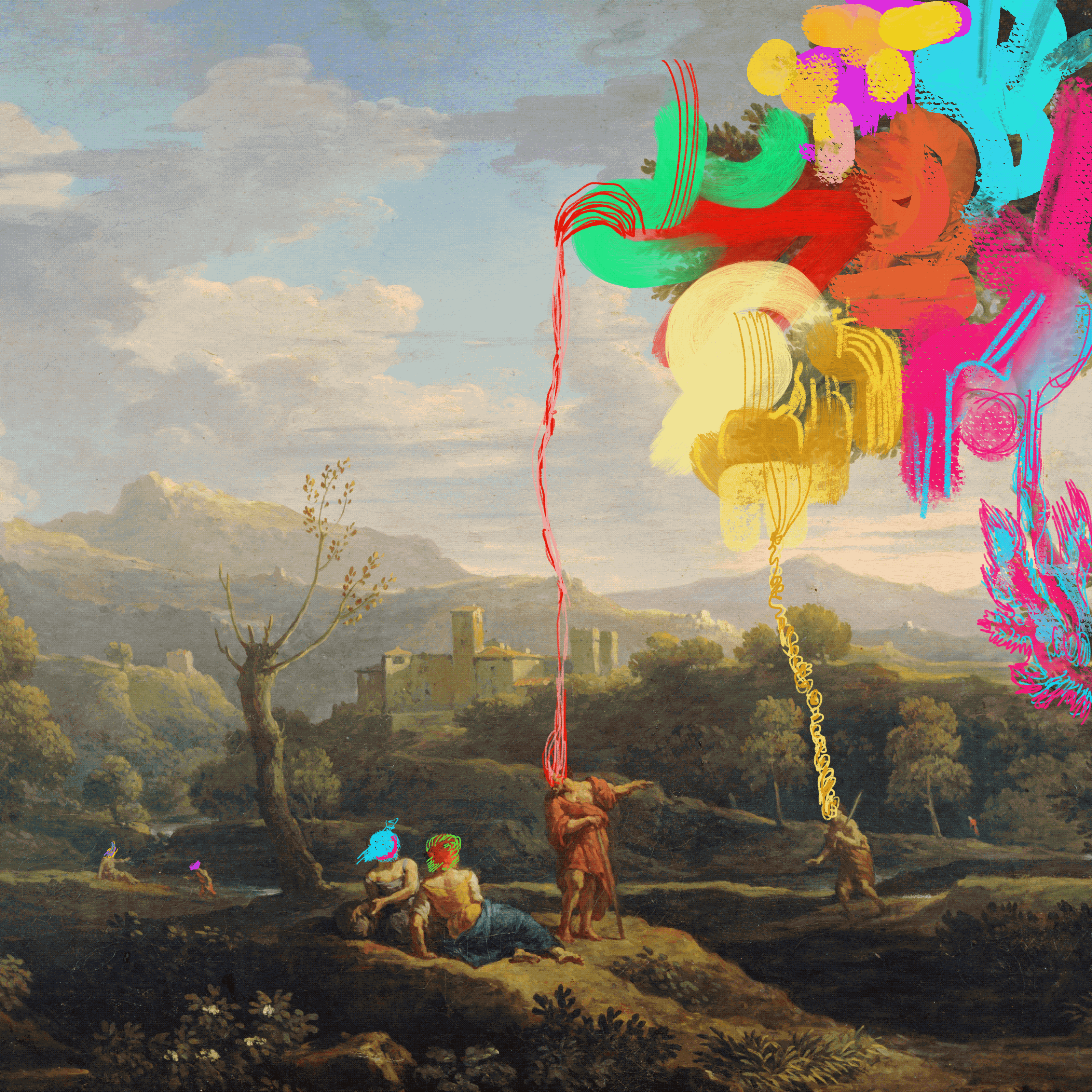 Digital art piece titled 'they go with the flow' by Treeskulltown, featuring a surreal, glitch-distorted silhouette merging with organic, tree-like fractals. The composition evokes a sense of sovereign occult knowledge, where chromatic digital noise meets sacred geometry in a subrealist aesthetic of memory and silence.