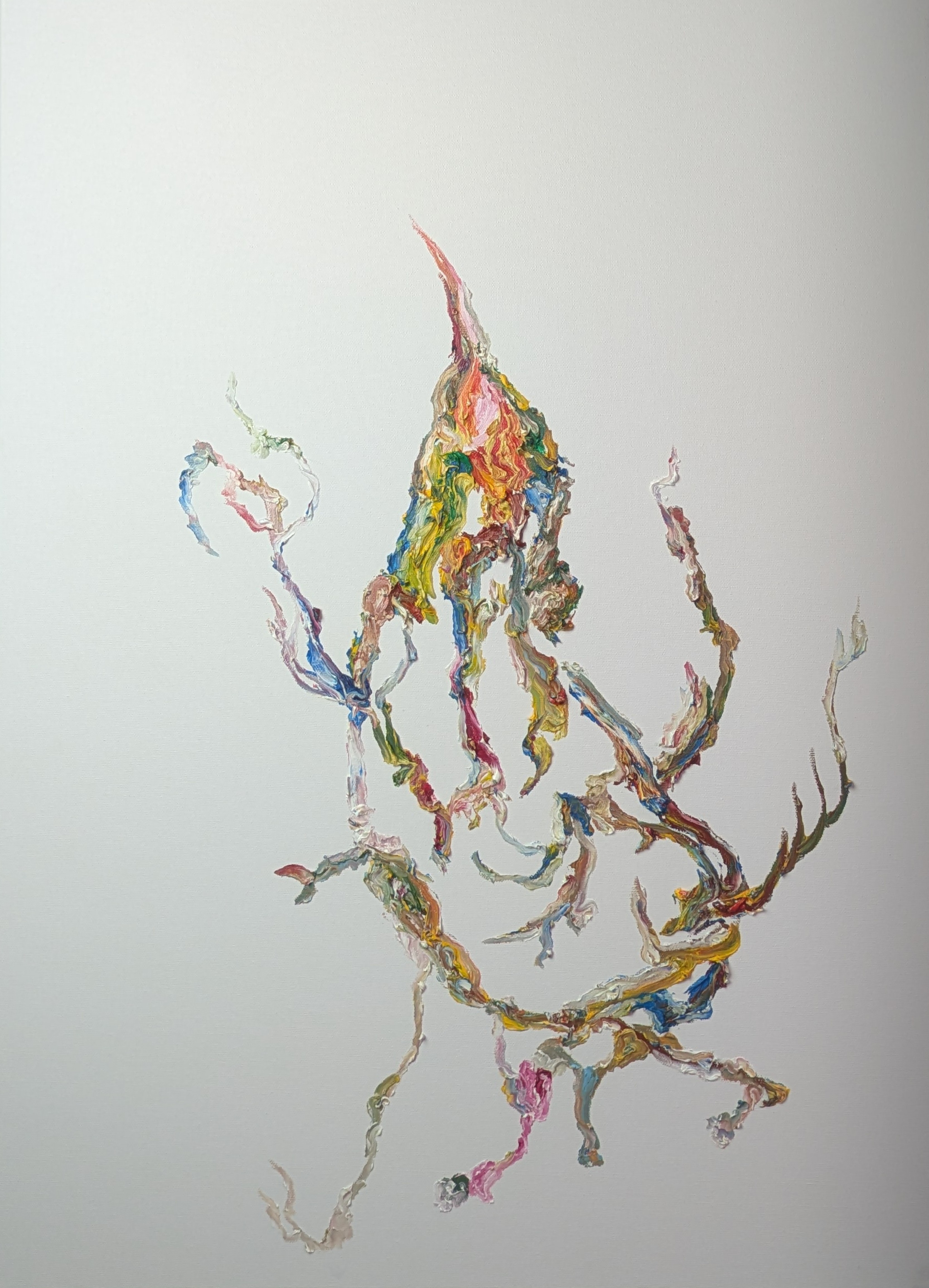 Subrealist oil painting portrait of Jerry Saltz with raised impasto, sinuous organic lines on white canvas, haptic texture and physical gesture.