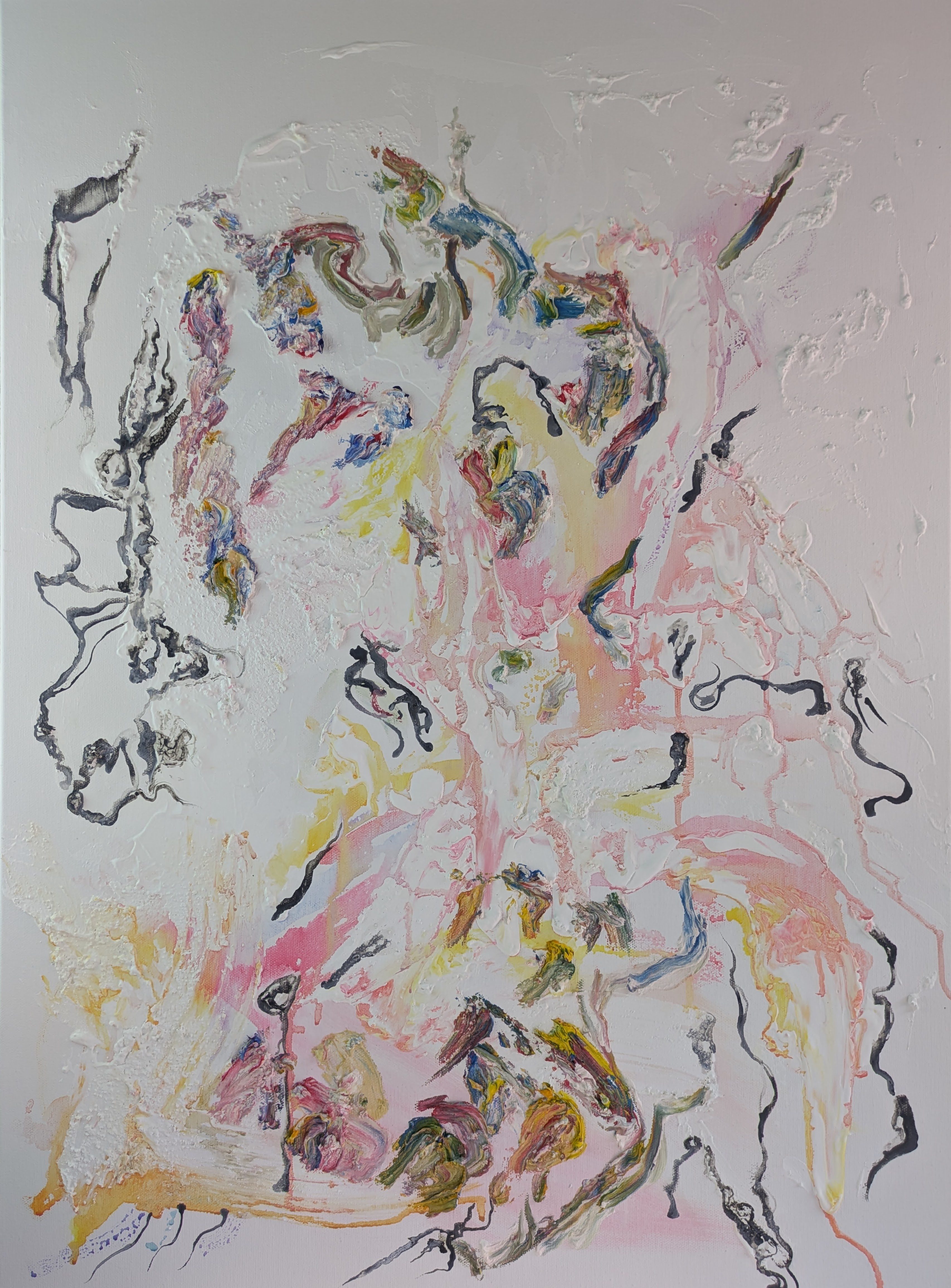 Piece No. XIII Eirōneía, Panel I of the Figural Maieutics triptych by Treeskulltown: luminous pink and yellow watercolor and white acrylic dissolving figuration on cotton canvas, with studio-baked crucible oil laid in heavy palette-knife impasto forming a haptic network of nerves and tendons, Socratic irony and the Deleuzian diagram as plastic erasure.