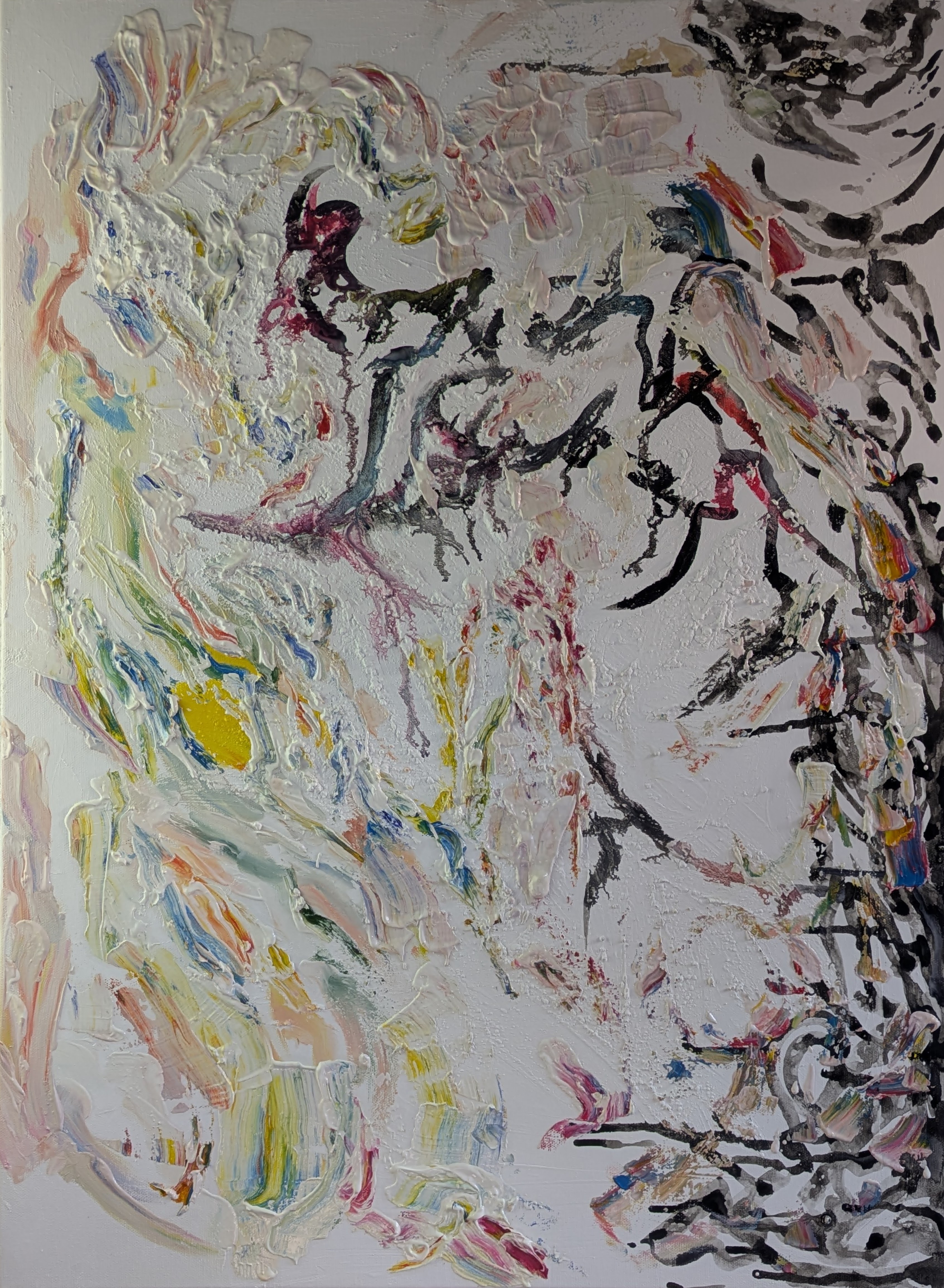 Piece No. XIV Aporía, Panel II of the Figural Maieutics triptych by Treeskulltown: a rigid armature of ink and dark paint rising on the right like an organic cage against fluid, luminous watercolor and acrylic flesh on the left, molten crucible-oil impasto on cotton canvas, the fertile Socratic impasse as a Deleuzian diagram of chaos.