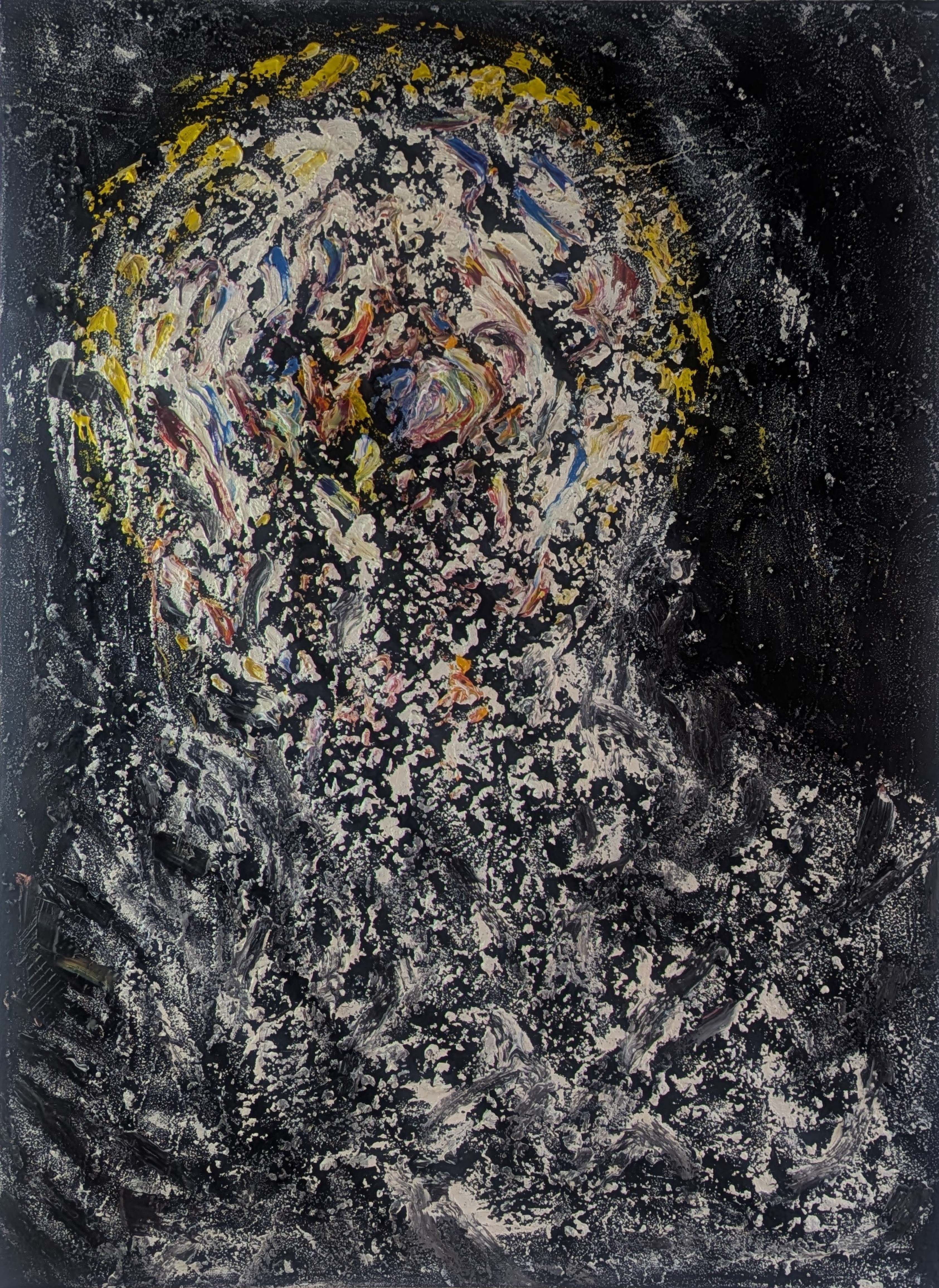 Piece No. XV Maieutikē, Panel III of the Figural Maieutics triptych by Treeskulltown: on a deep matrix-black ground, crucible oil and acrylic agglomerate into a granular, mineral impasto like an ancient stele, with a mask-face whose eye of concentric blue, red and gold impasto marks the birth of sensation and a native form freed from cliché.