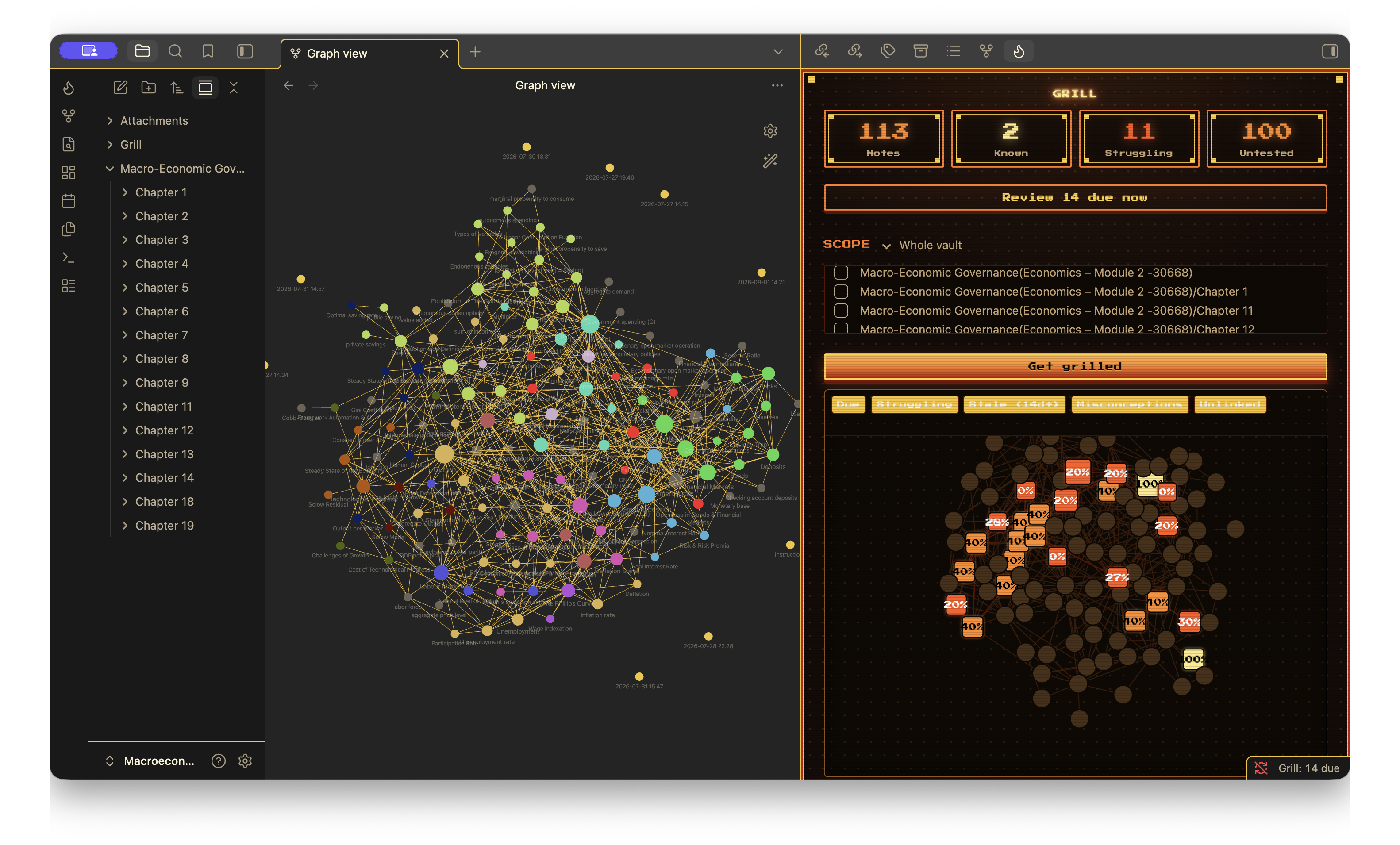 Grill's own learning graph next to Obsidian's native one, same vault: a completely different visual language, not just a themed panel