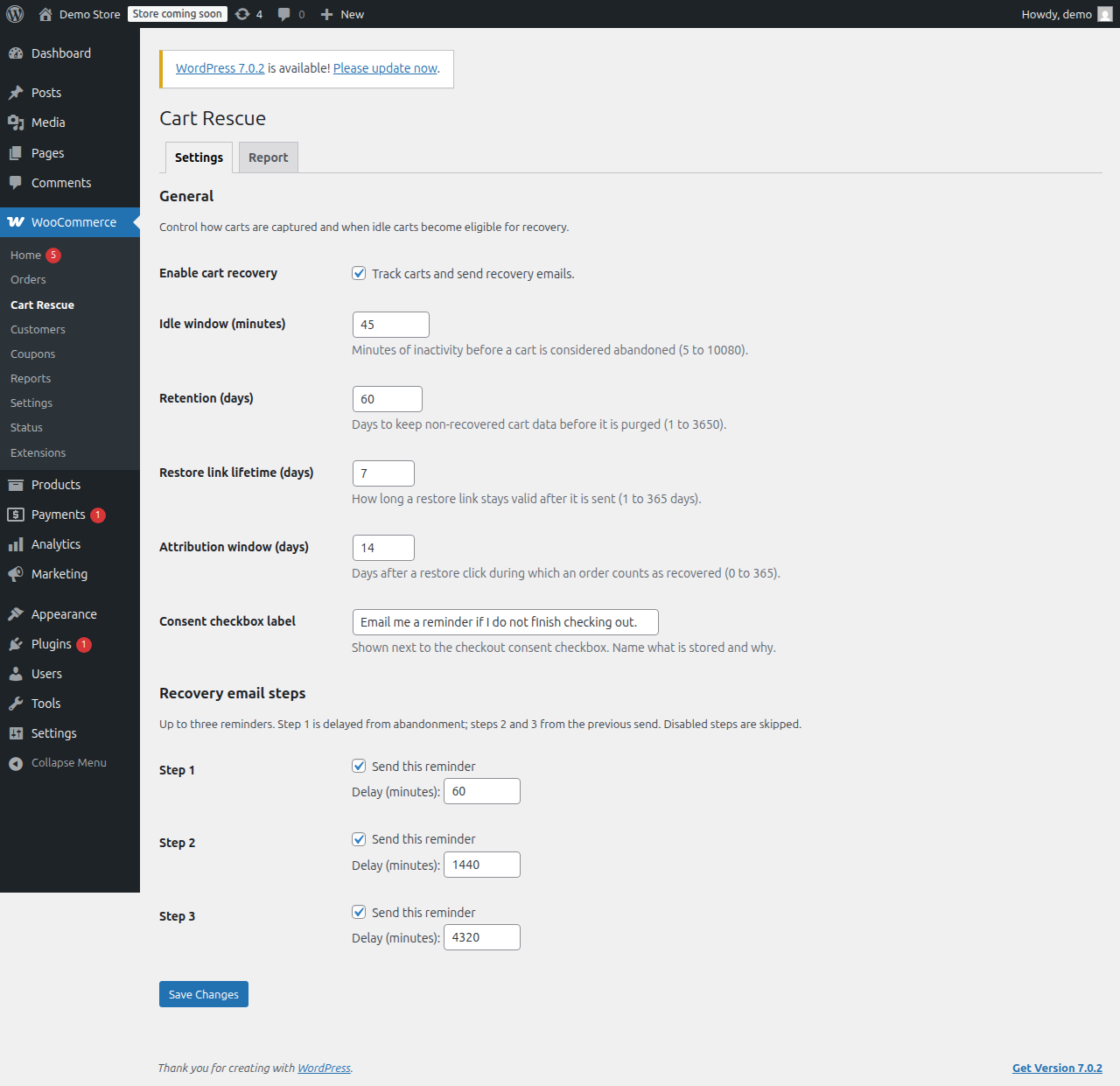 Settings screen with the general capture options and a configured three-step recovery email sequence, each step showing its enable toggle and delay