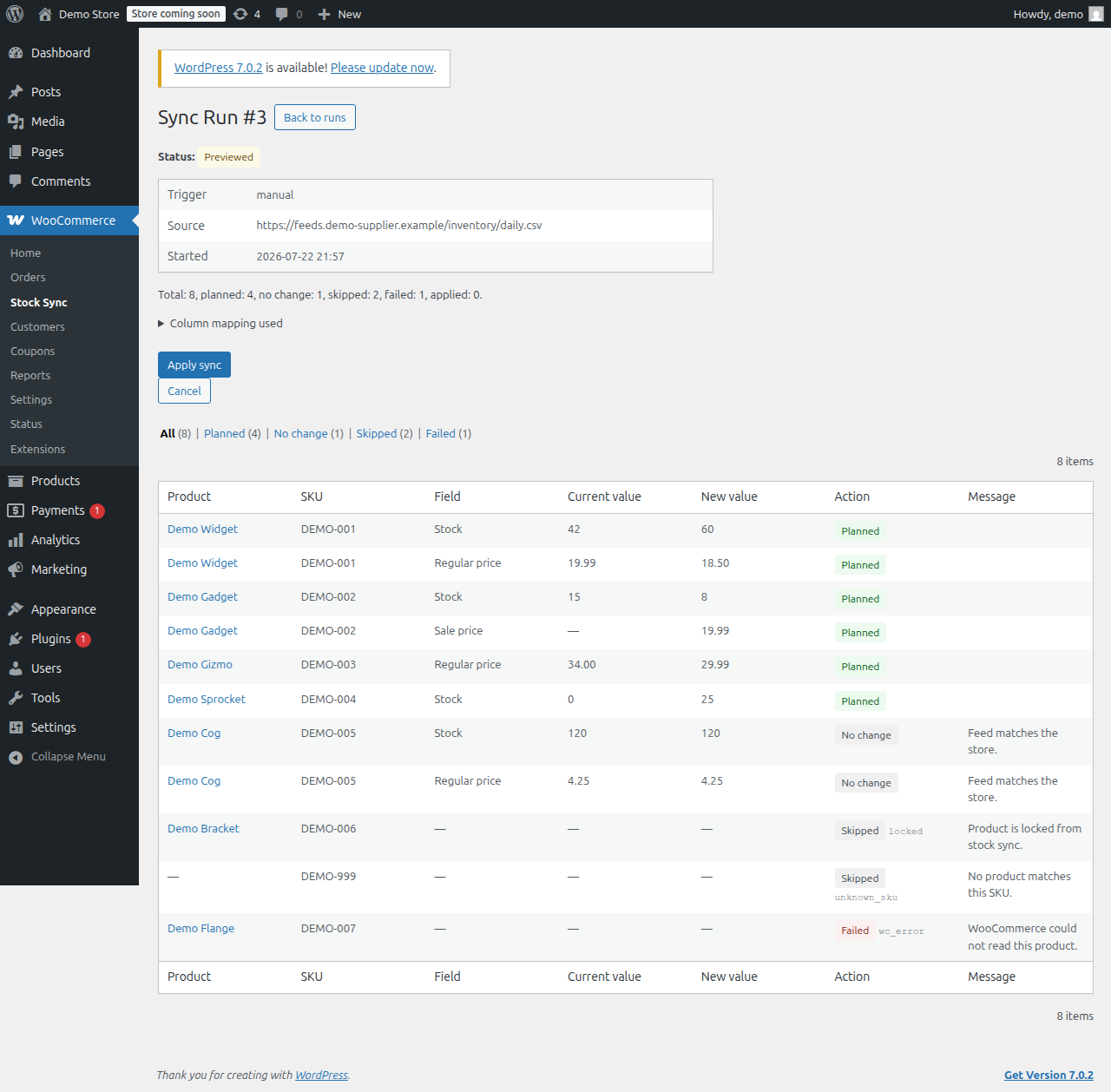 Dry-run diff preview for a sync run, listing per-field stock and price changes with planned, no-change, skipped (locked and unknown SKU), and failed rows, plus Apply sync and Cancel actions