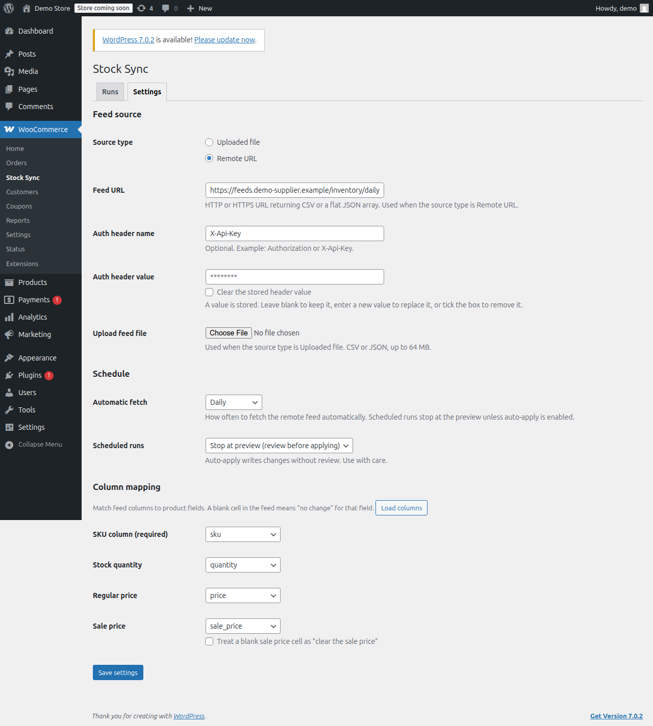 Settings screen showing the remote feed URL, a masked auth header value, the fetch schedule, and the column mapping of feed columns to SKU, stock, regular price, and sale price