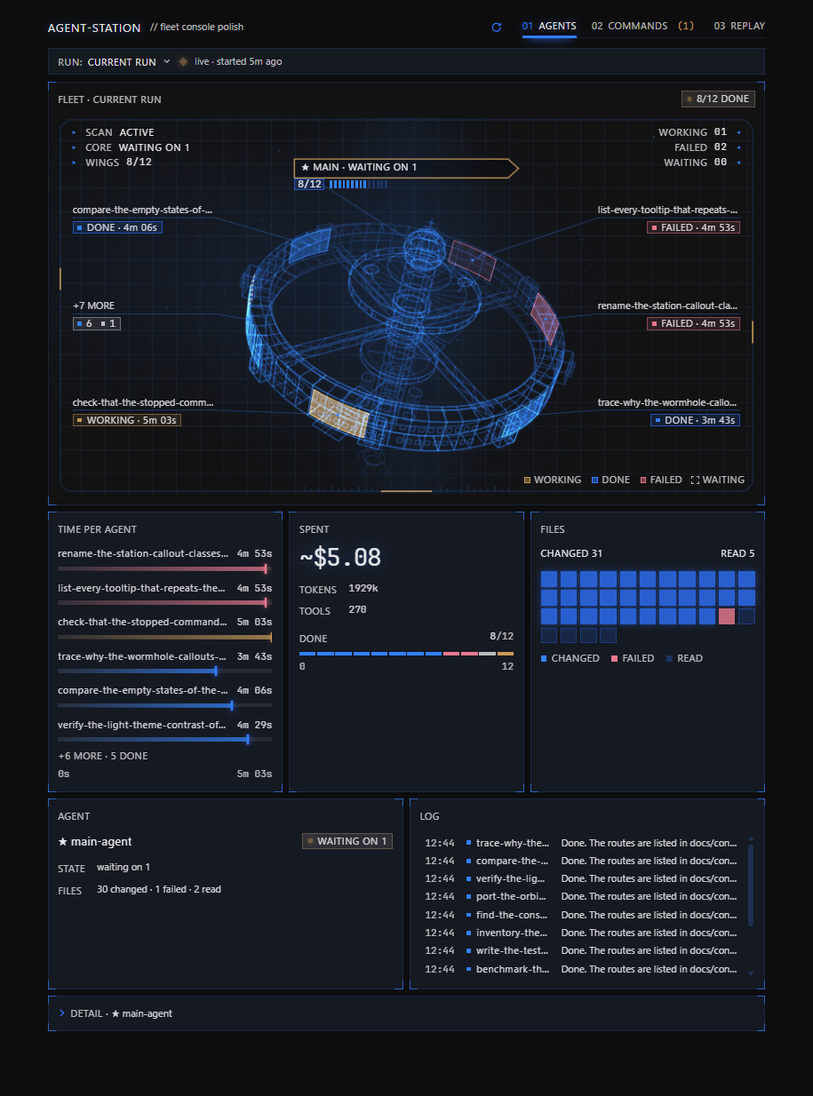 Agents tab: the main agent as a ring station with its subagents as modules, the focus panel and the log