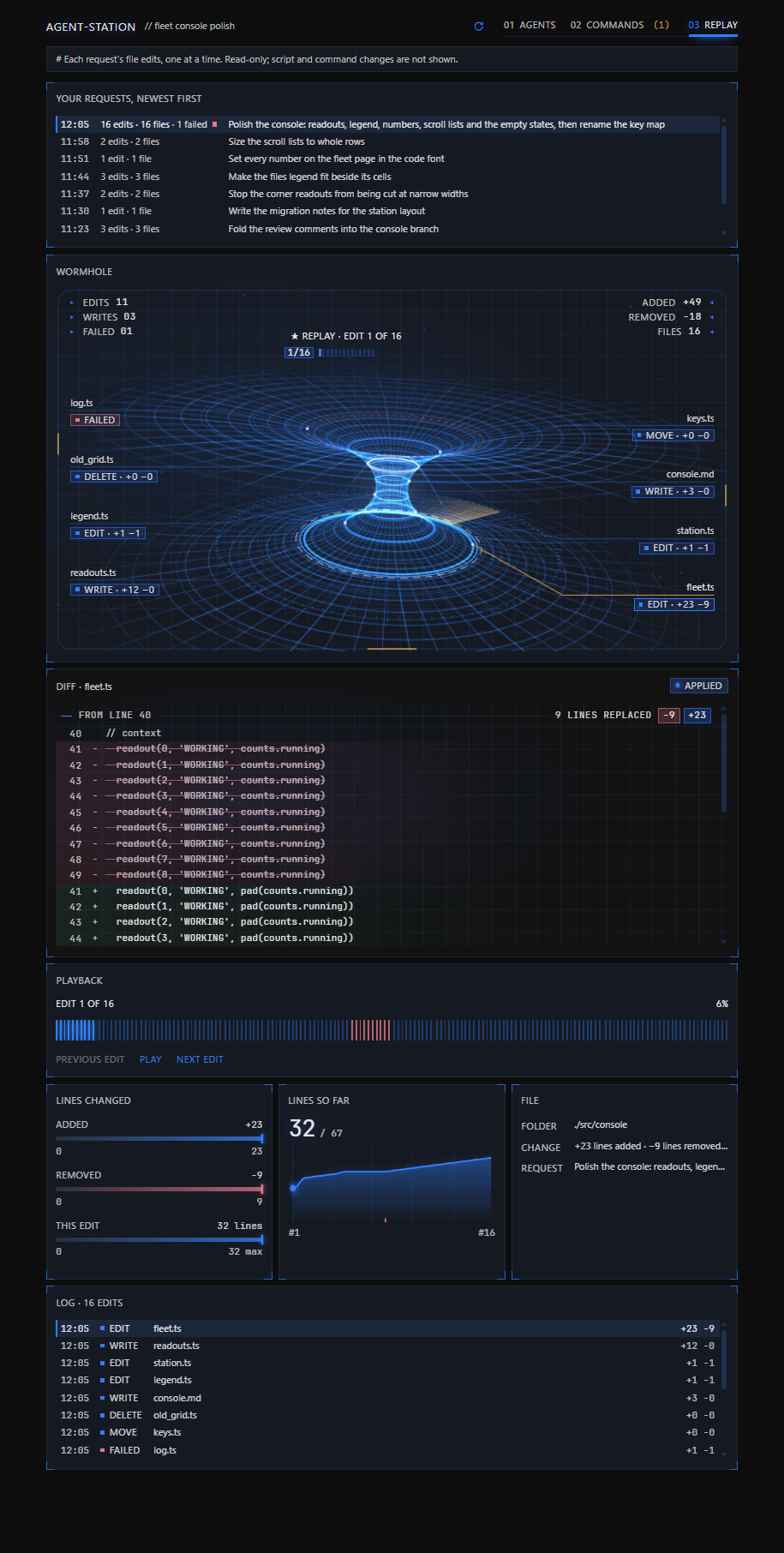 Replay tab: a request's file edits as rings on a wormhole, with the selected edit's removed and added lines