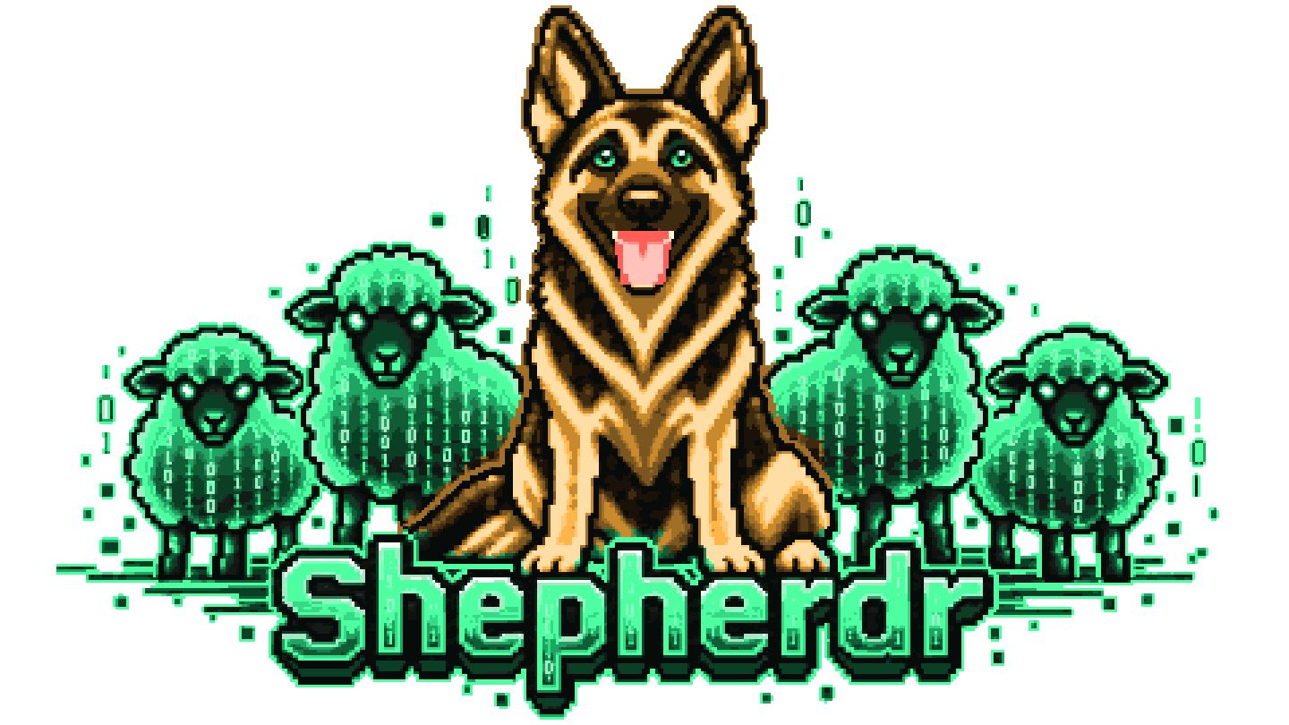 Shepherdr: a pixel-art German Shepherd keeping watch over a flock of Matrix sheep