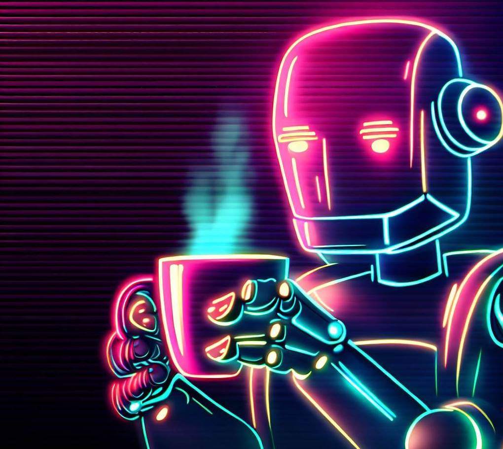 illustration of a robot drinking a cup of coffee