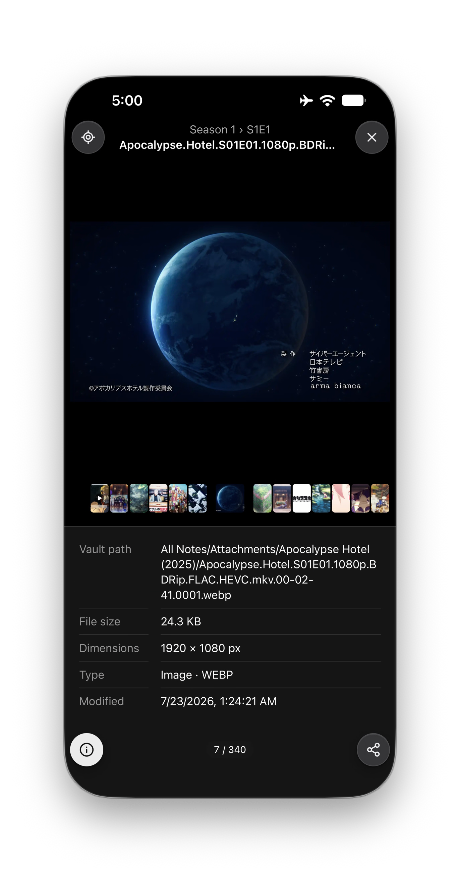Gallery mobile full-window viewer with the thumbnail carousel and file information
