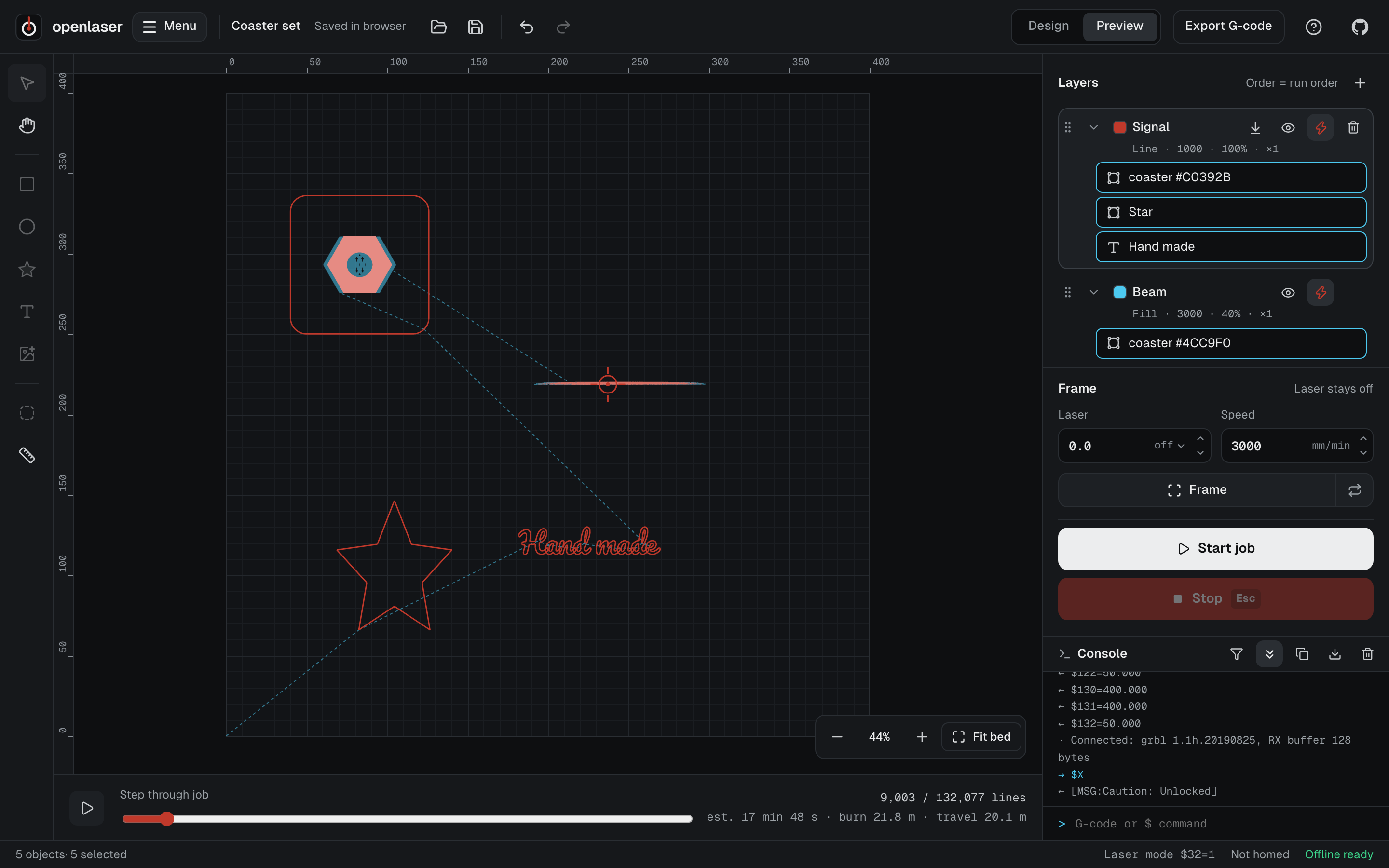 Toolpath preview with burns shaded by power and dashed travel moves