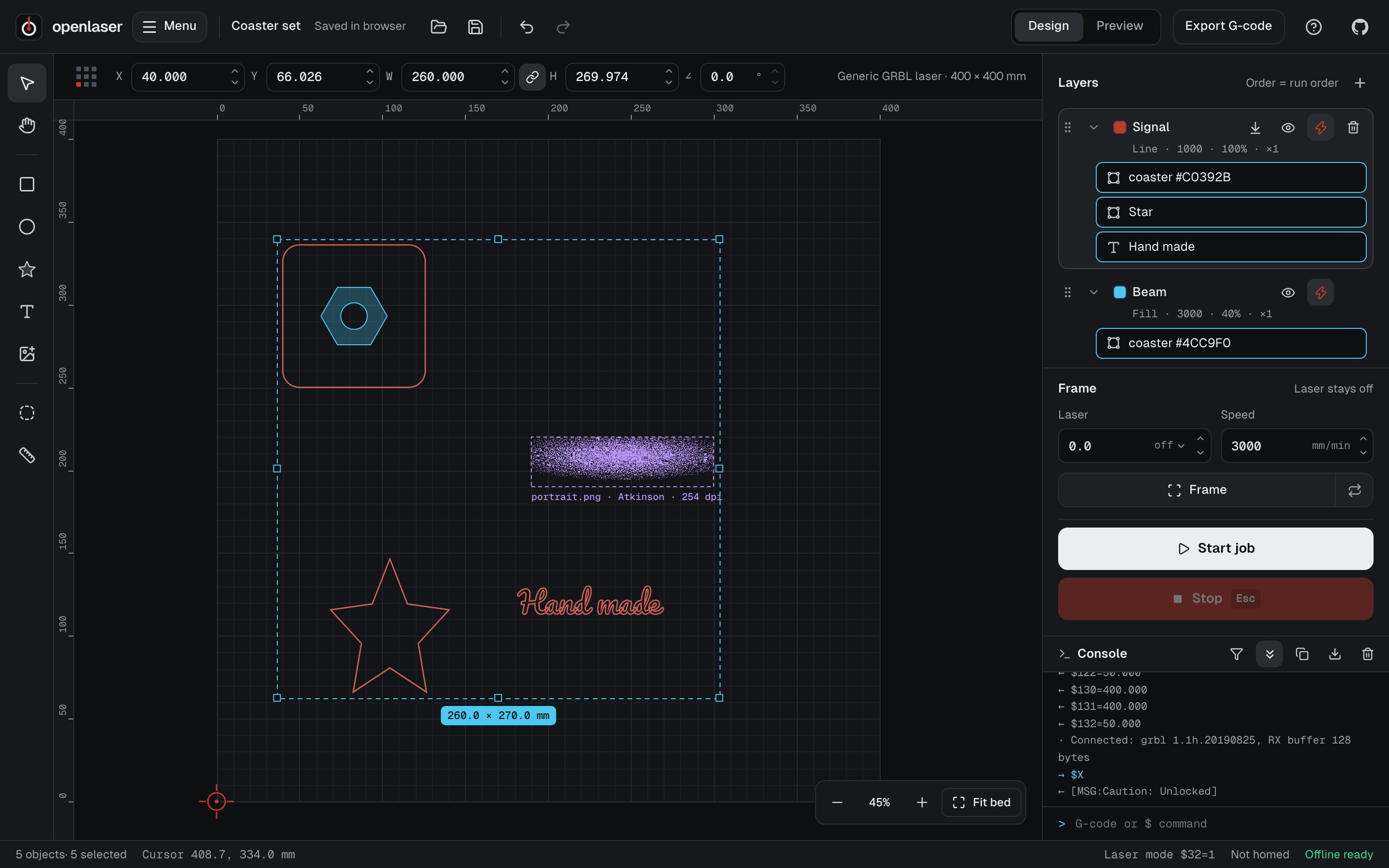 The openlaser workspace: a bed with a coaster design and a dithered photo, layers on the right and machine controls below