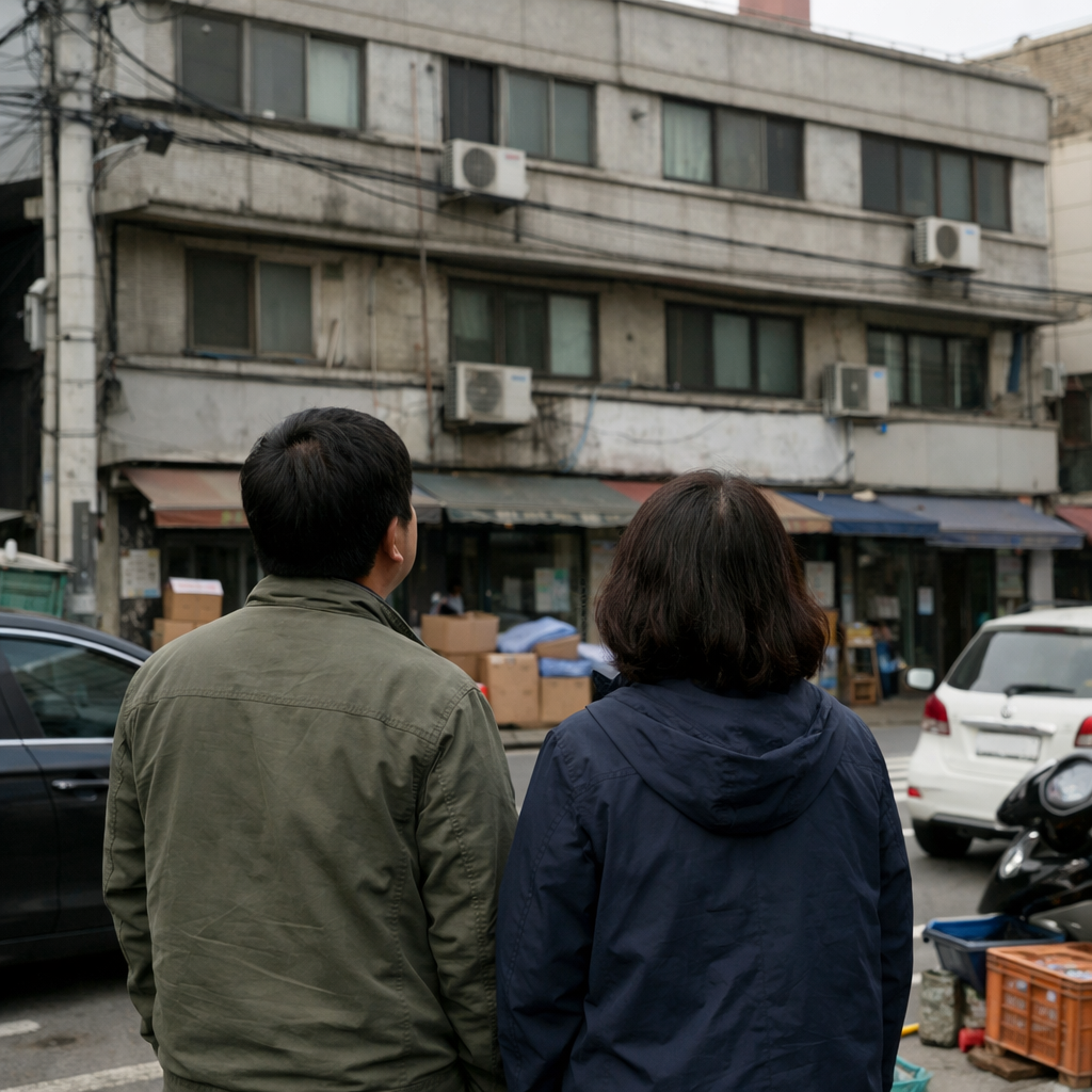 낡은 3층 상가 건물을 길 건너에서 올려다보는 두 사람