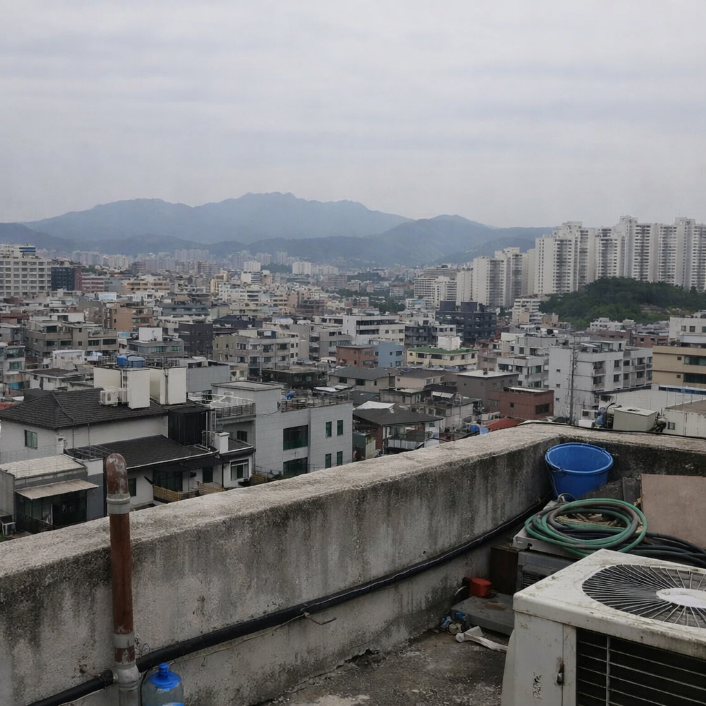 옥상 난간 너머로 보이는 저층 건물이 빼곡한 동네