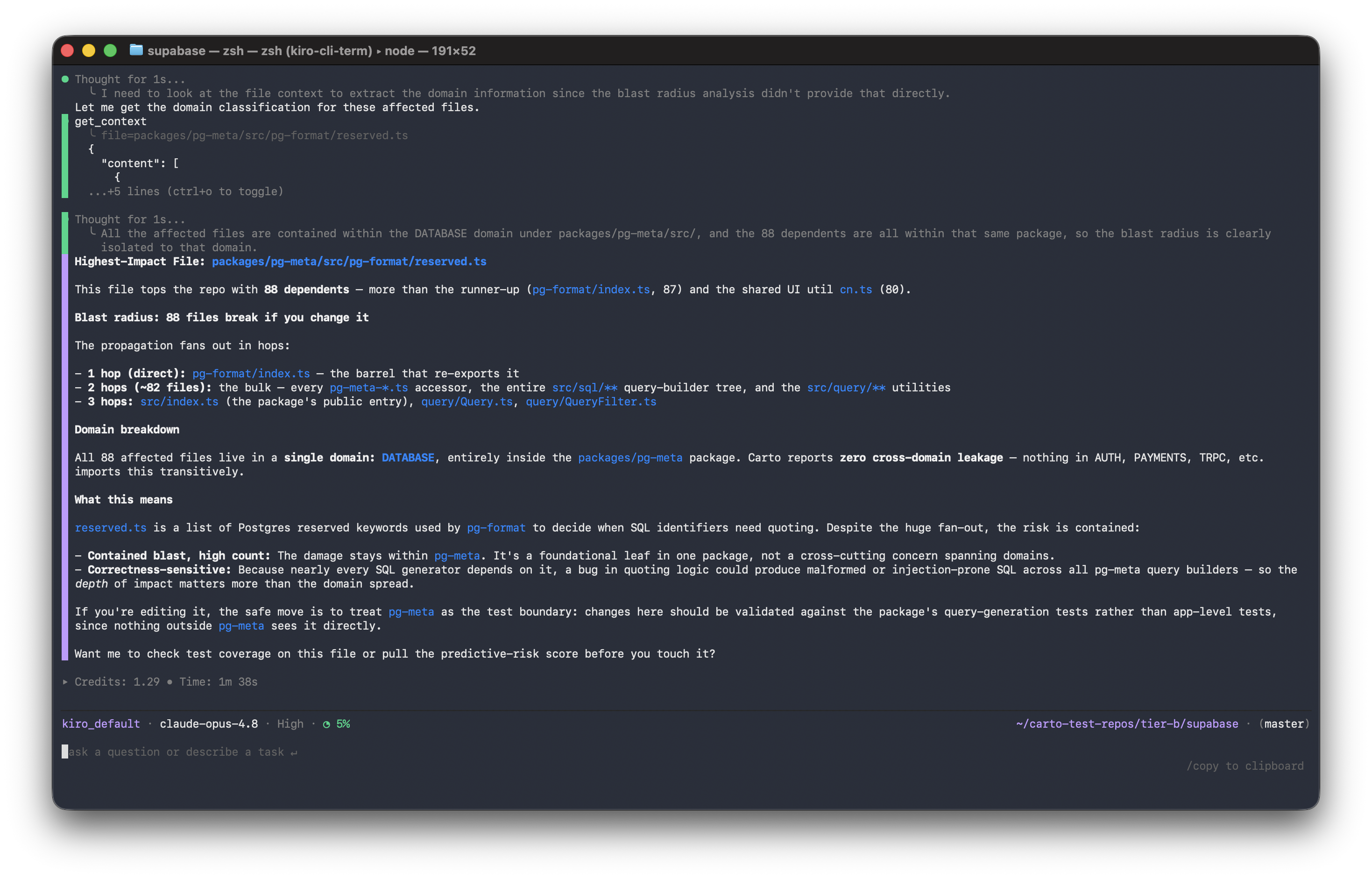Carto answering a blast-radius query on the supabase repo, inside an MCP client (Kiro CLI, running Claude)
