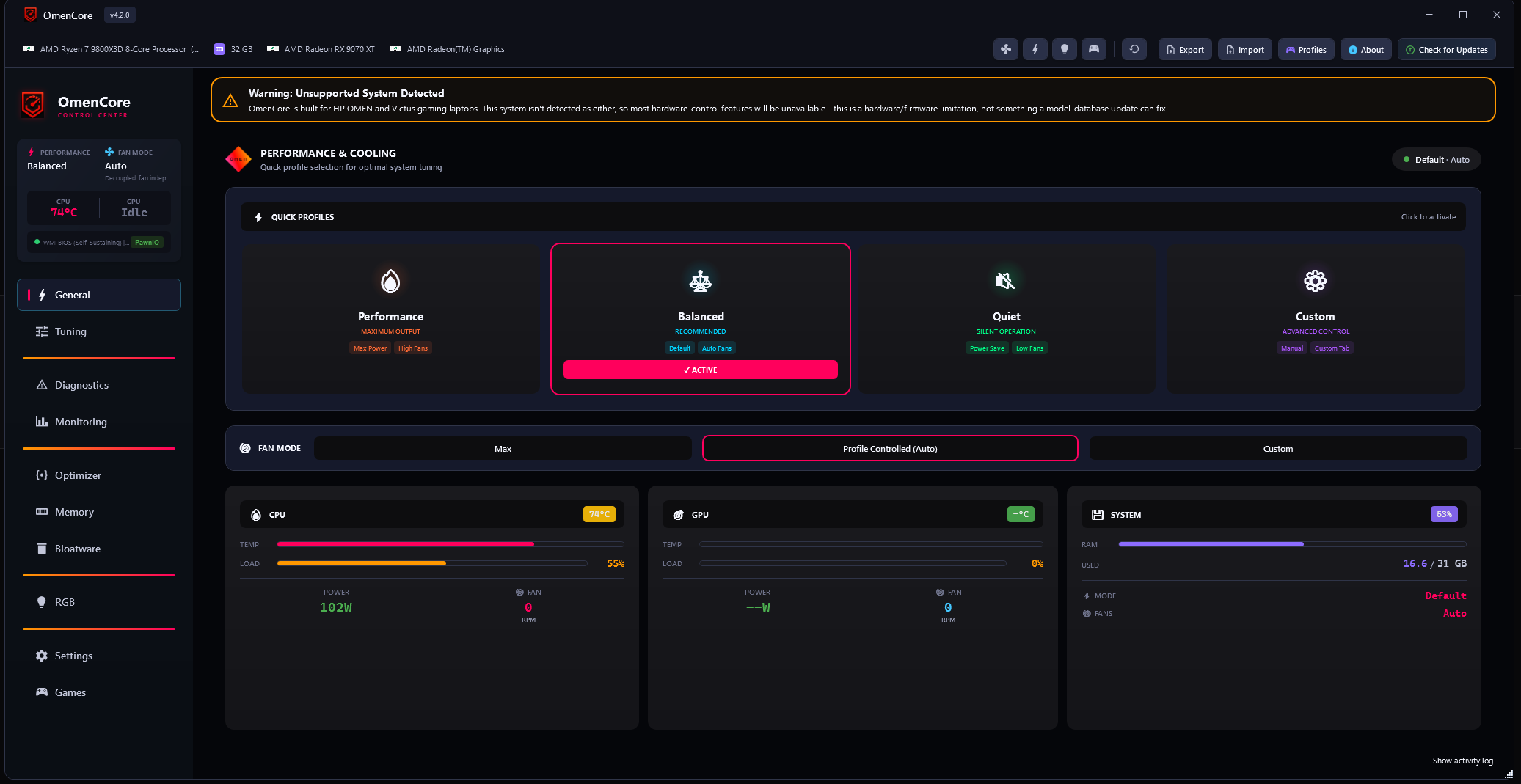 OmenCore main window, showing the vertical navigation rail, quick performance profiles, and live CPU/GPU/system stats