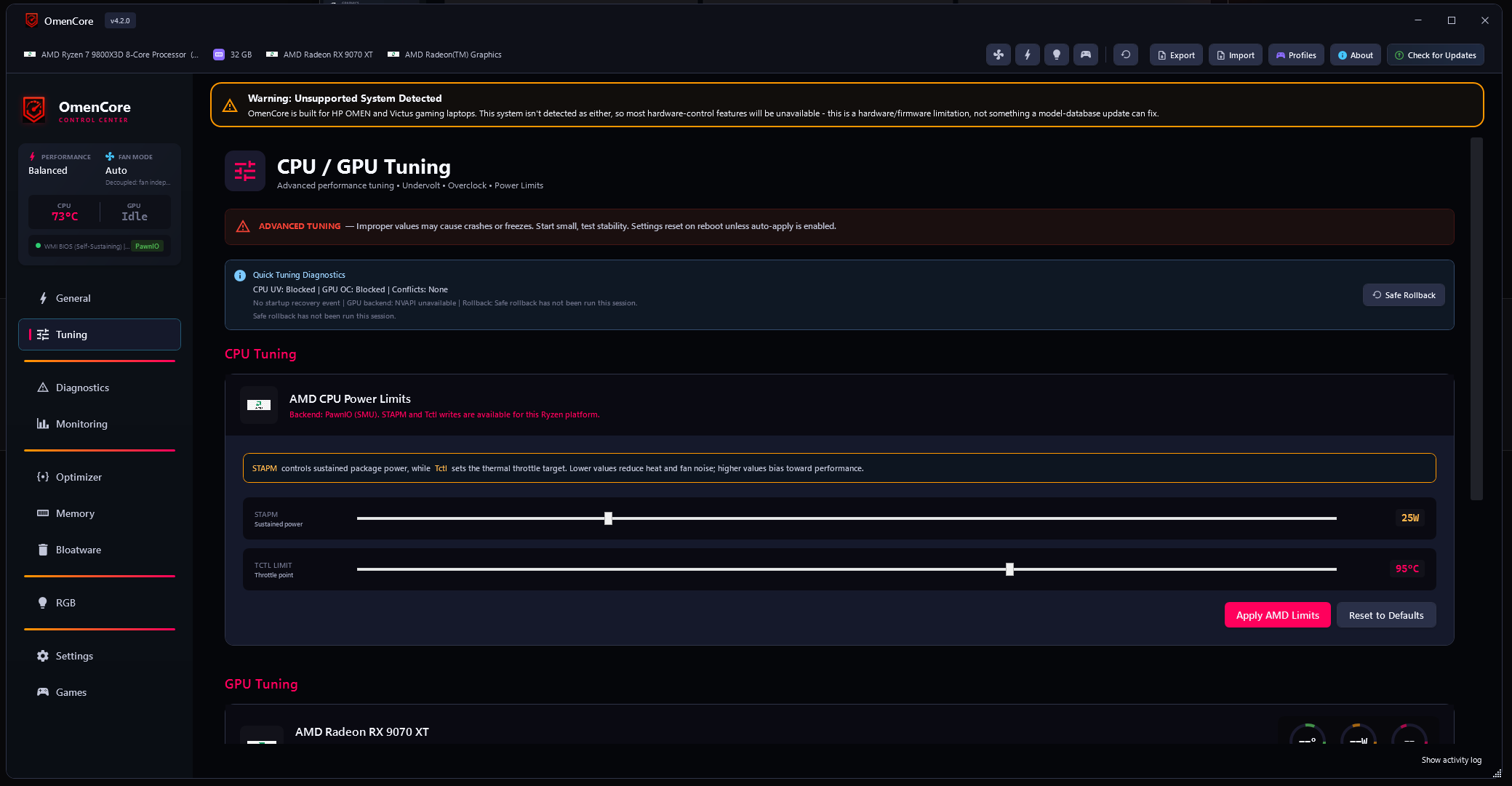OmenCore CPU/GPU Tuning tab, showing AMD power-limit sliders and undervolt/overclock controls behind the same vertical rail