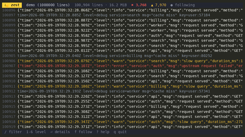 zest filtering a million-line log to billing errors, opening a line's details, then clearing the filter to show it in context