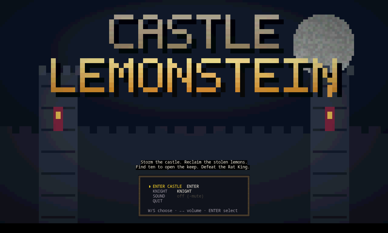 Castle Lemonstein: the moonlit castle title screen with gold lettering and burgundy banners