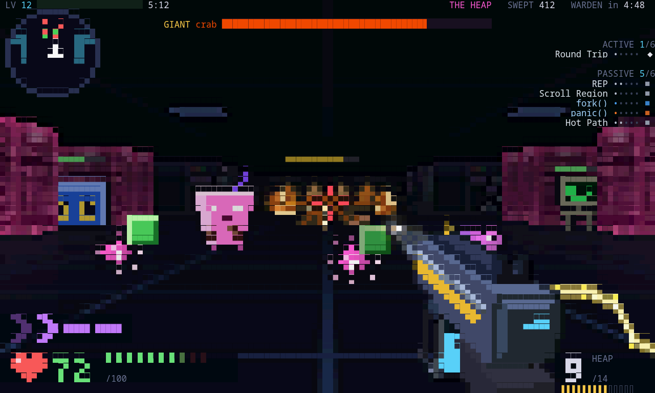 Lemon Sweep: a giant crab mini-boss under its health bar at the top, a tview modal, a Bubble Tea cup and an ncurses box among terminal-window walls, green bytes in the air, a boomerang and an arc of lightning, the minimap at the top left, the heart and the dash mark at the bottom left