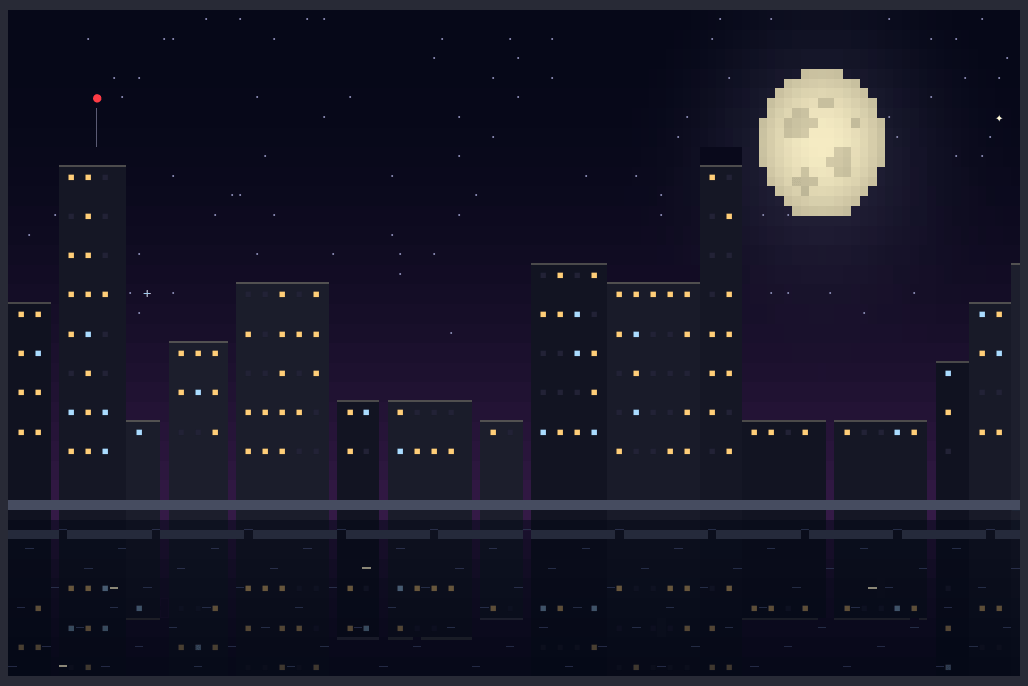 A pixel-art night city with a moon and a passing train; an X-ray pass lights up only the cells Limoni's diff sends each frame, with a counter of bytes sent against a full repaint