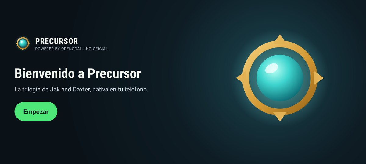 Pantalla de bienvenida en horizontal con el orbe de Precursor